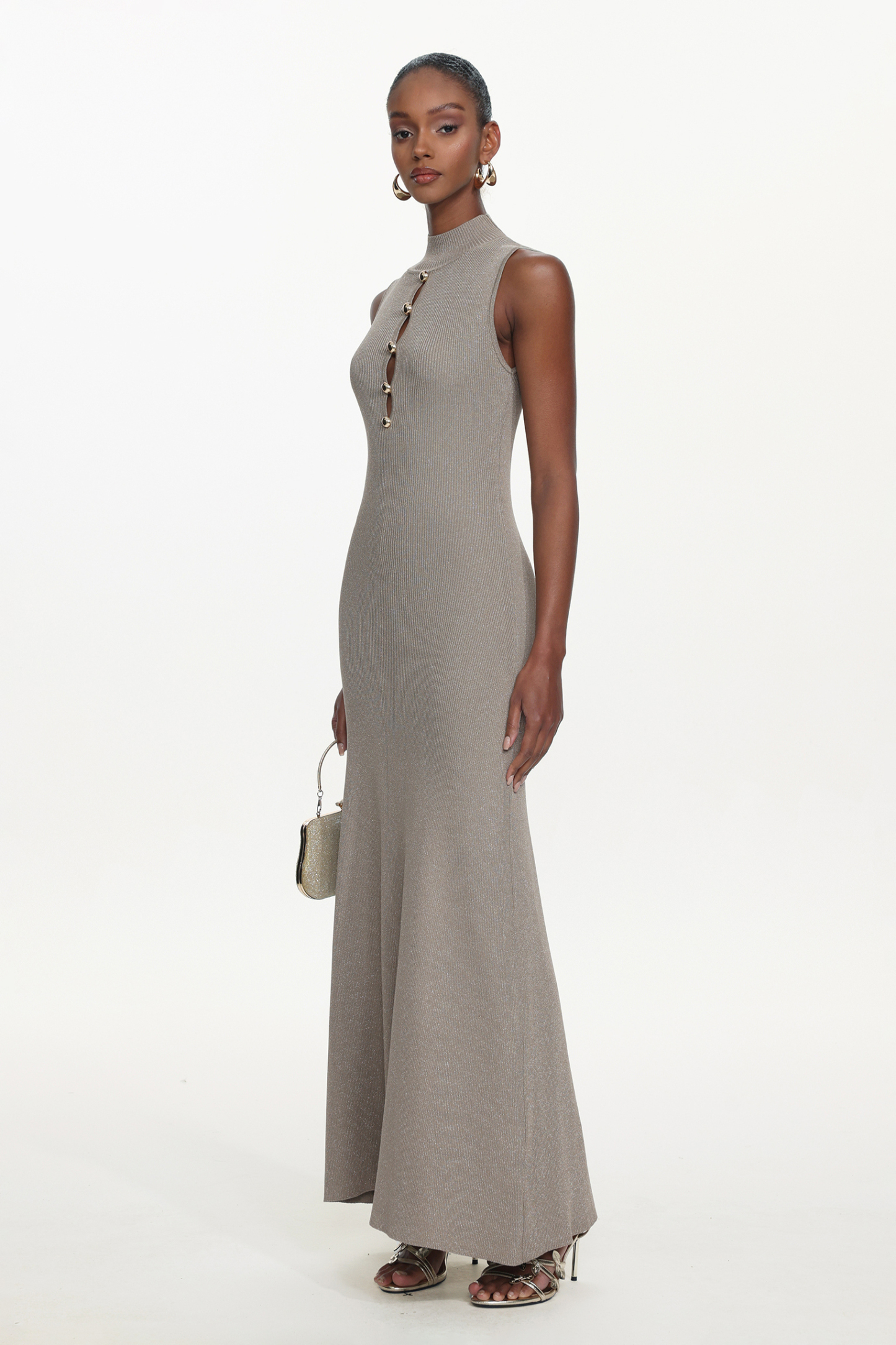 Uara Classic Contour Sleeveless Buttoned Cut Out Knit Maxi Dress