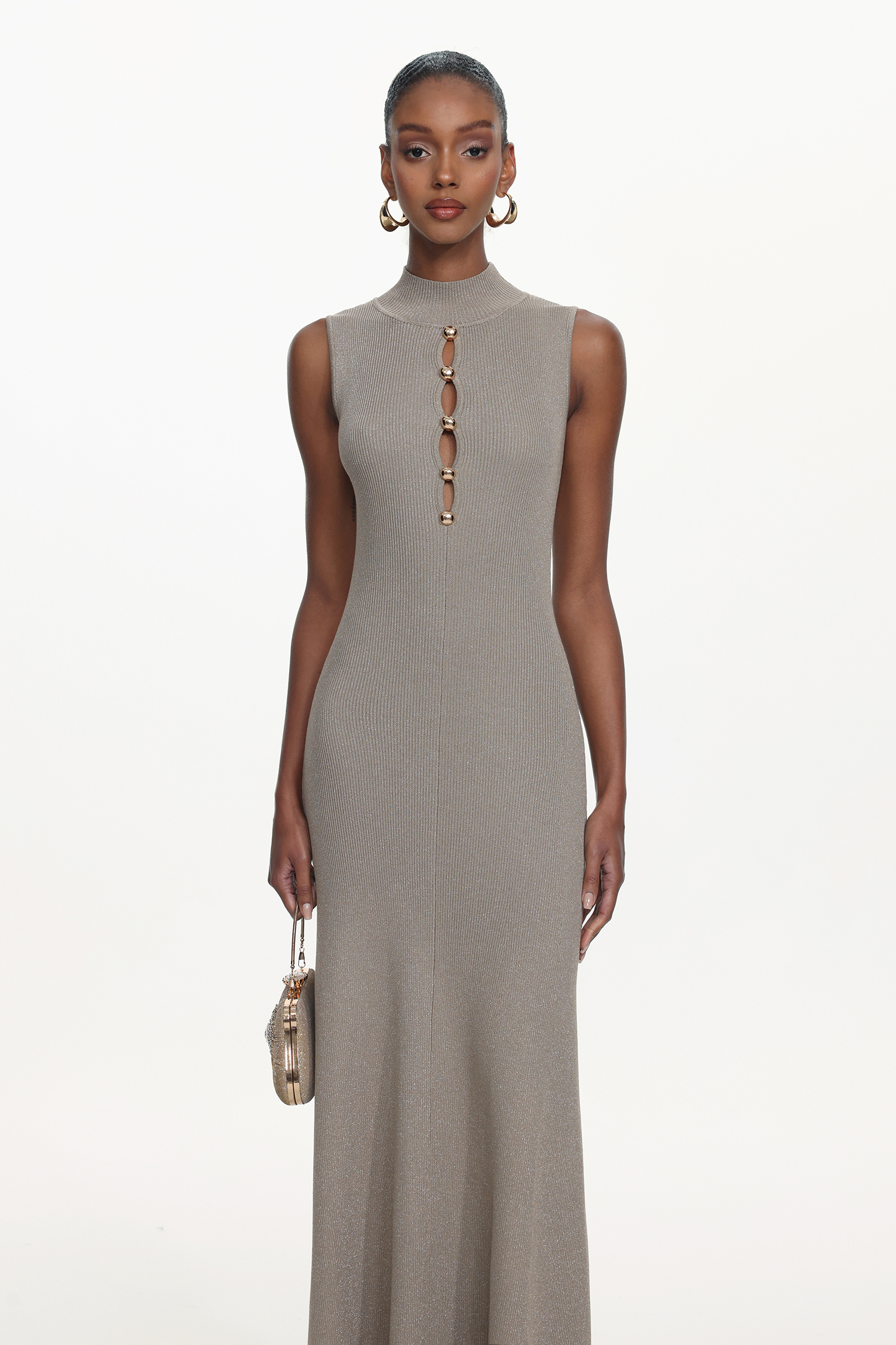 Uara Classic Contour Sleeveless Buttoned Cut Out Knit Maxi Dress