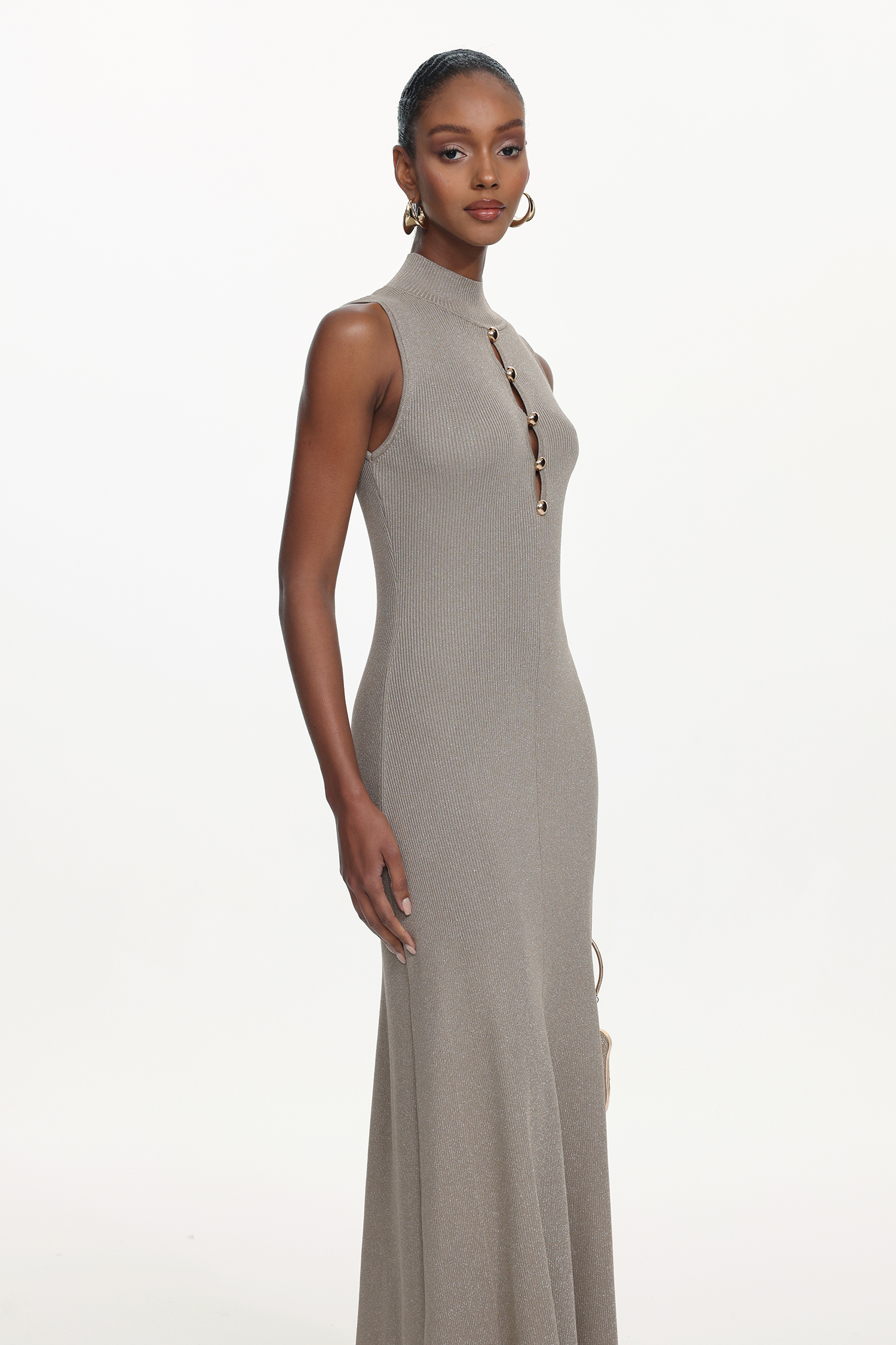 Uara Classic Contour Sleeveless Buttoned Cut Out Knit Maxi Dress