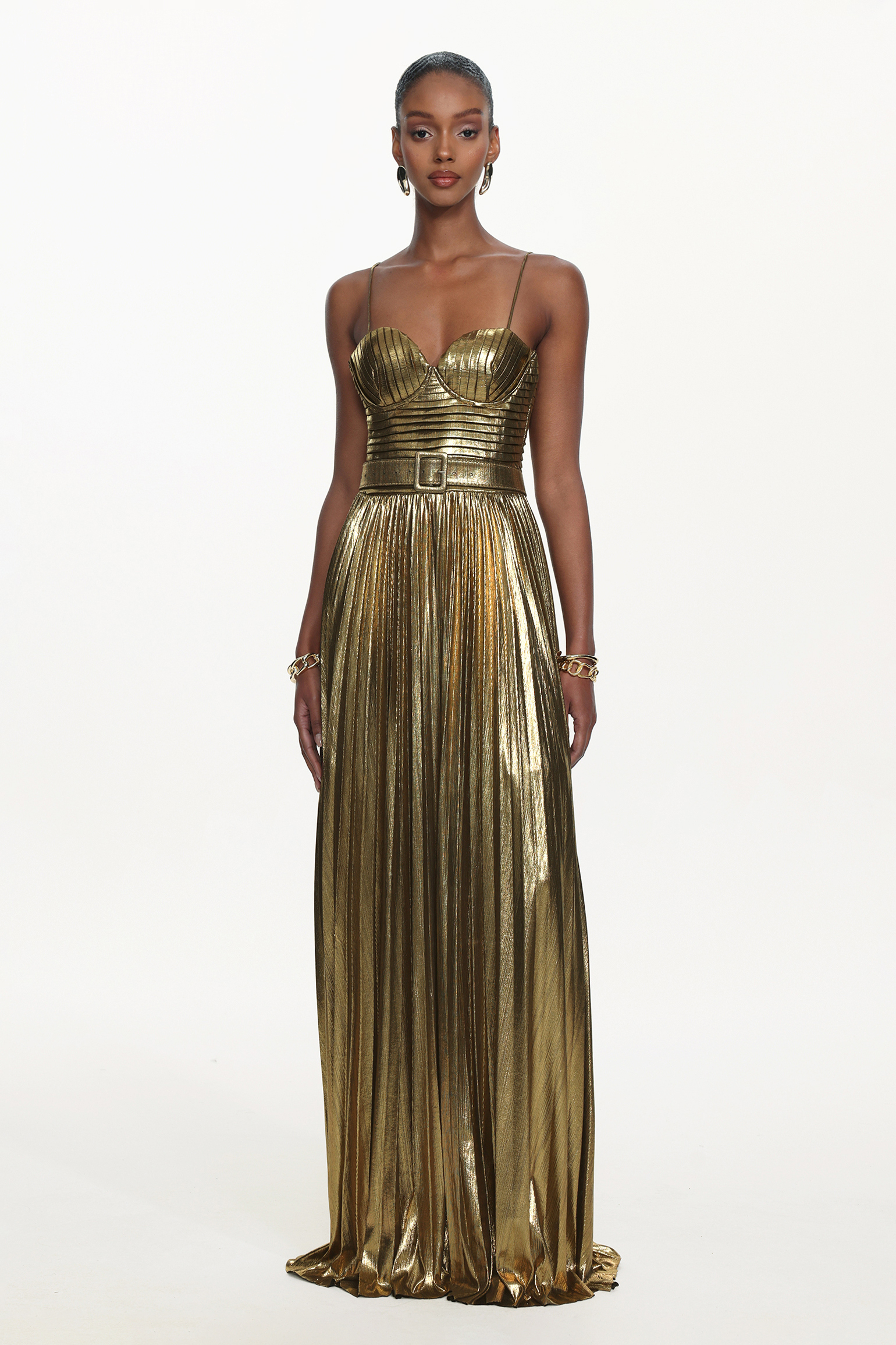Venia Glamorous Contour Sleeveless Pleated Metallic Maxi Dress