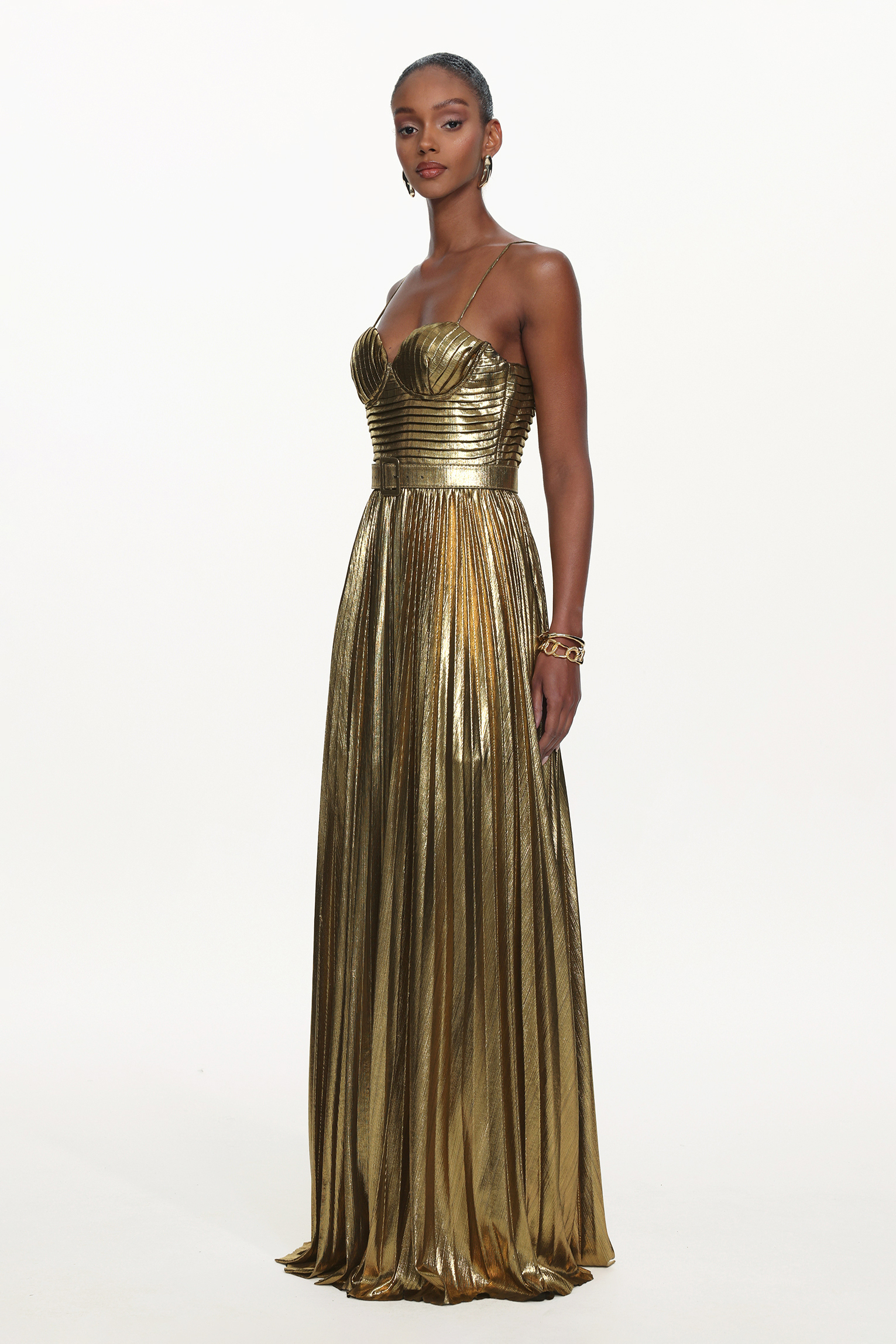Venia Glamorous Contour Sleeveless Pleated Metallic Maxi Dress