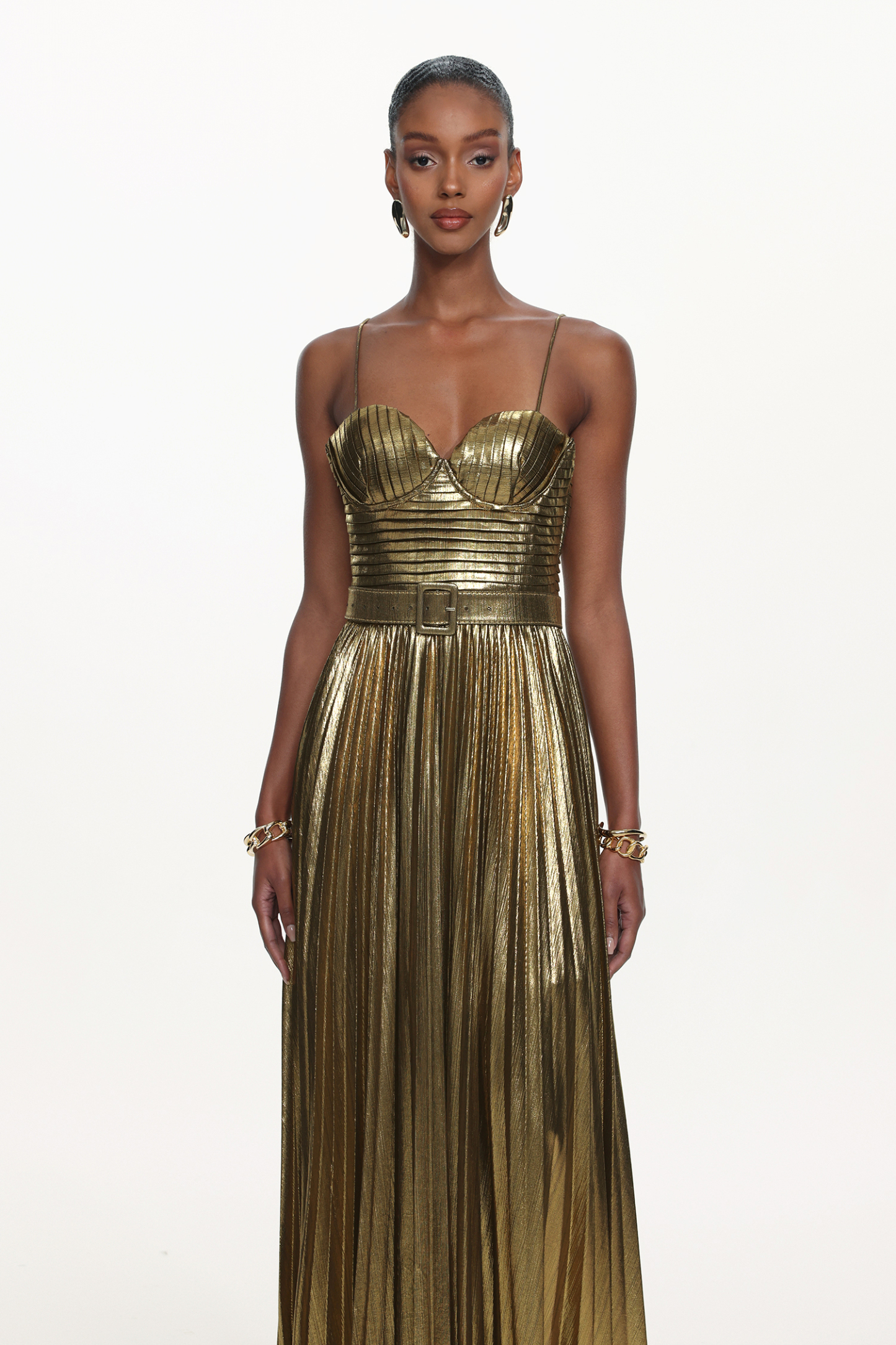 Venia Glamorous Contour Sleeveless Pleated Metallic Maxi Dress