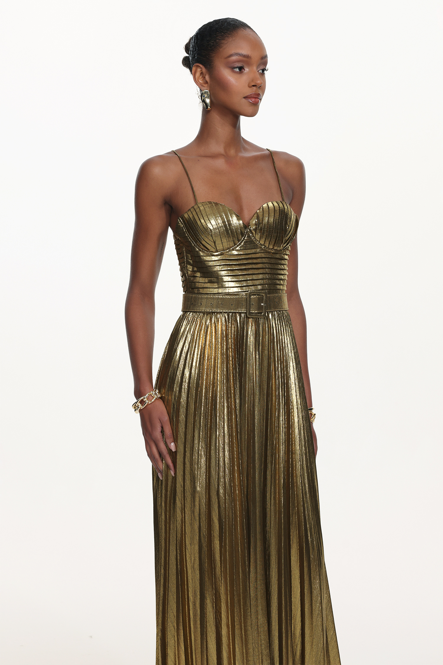 Venia Glamorous Contour Sleeveless Pleated Metallic Maxi Dress