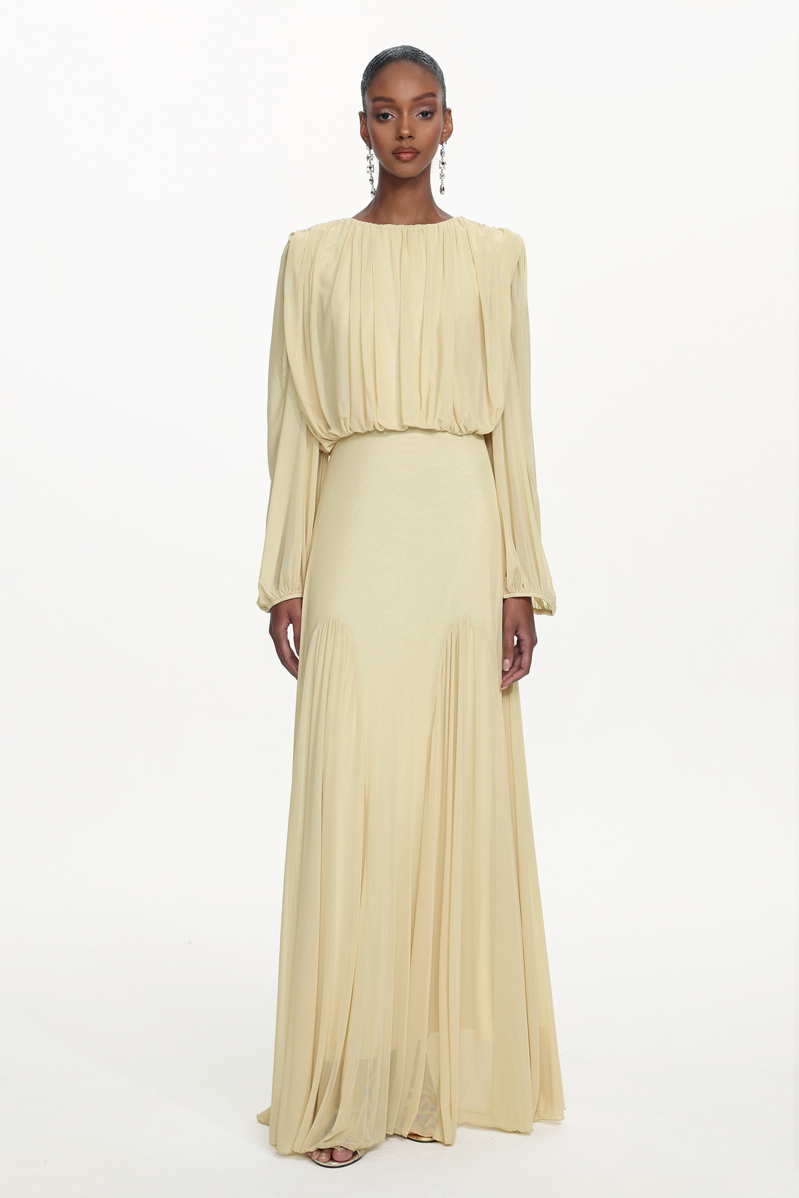 Zico Elegant Flowy Long Sleeve Ruched Knit Maxi Dress