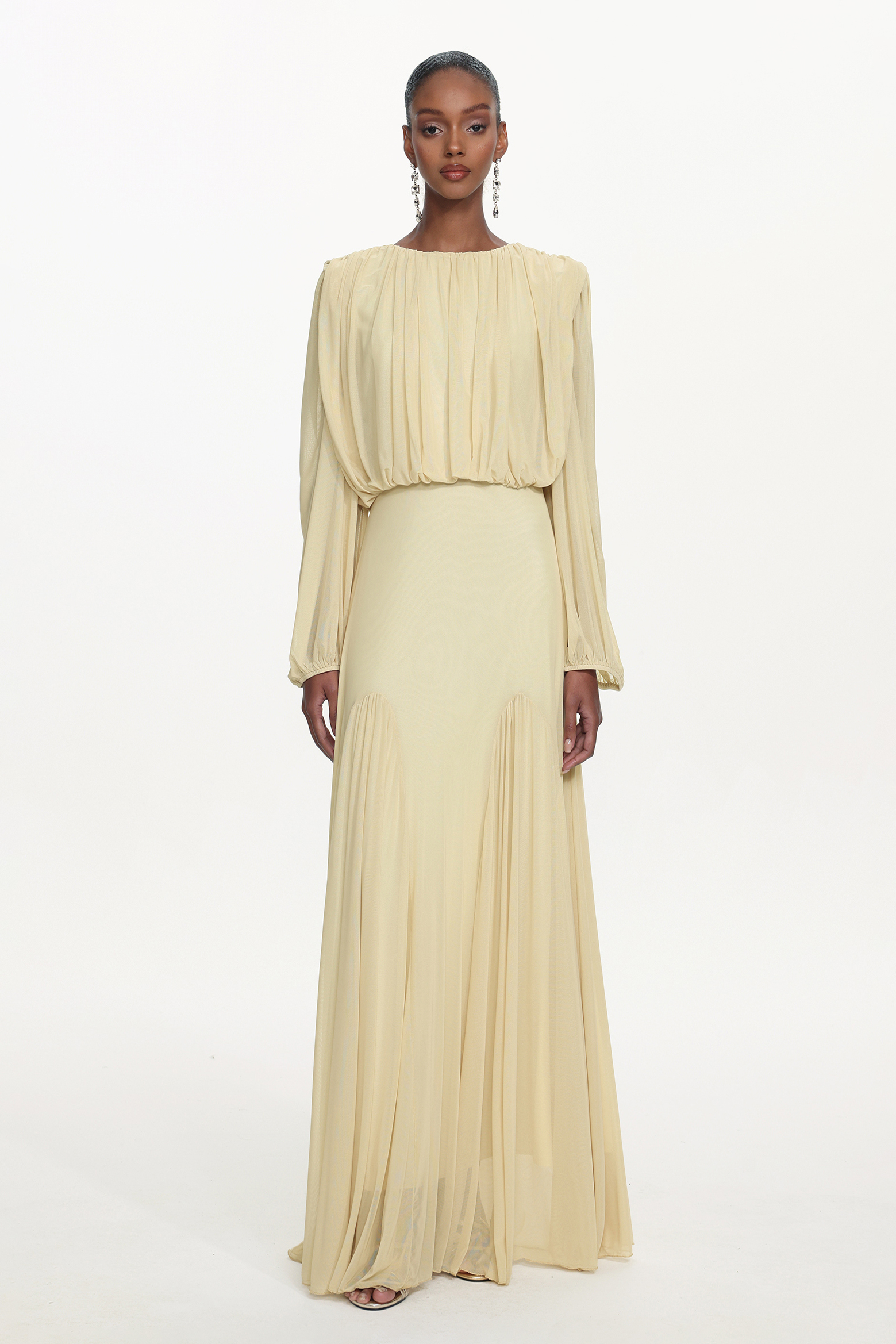 Zico Elegant Flowy Long Sleeve Ruched Knit Maxi Dress