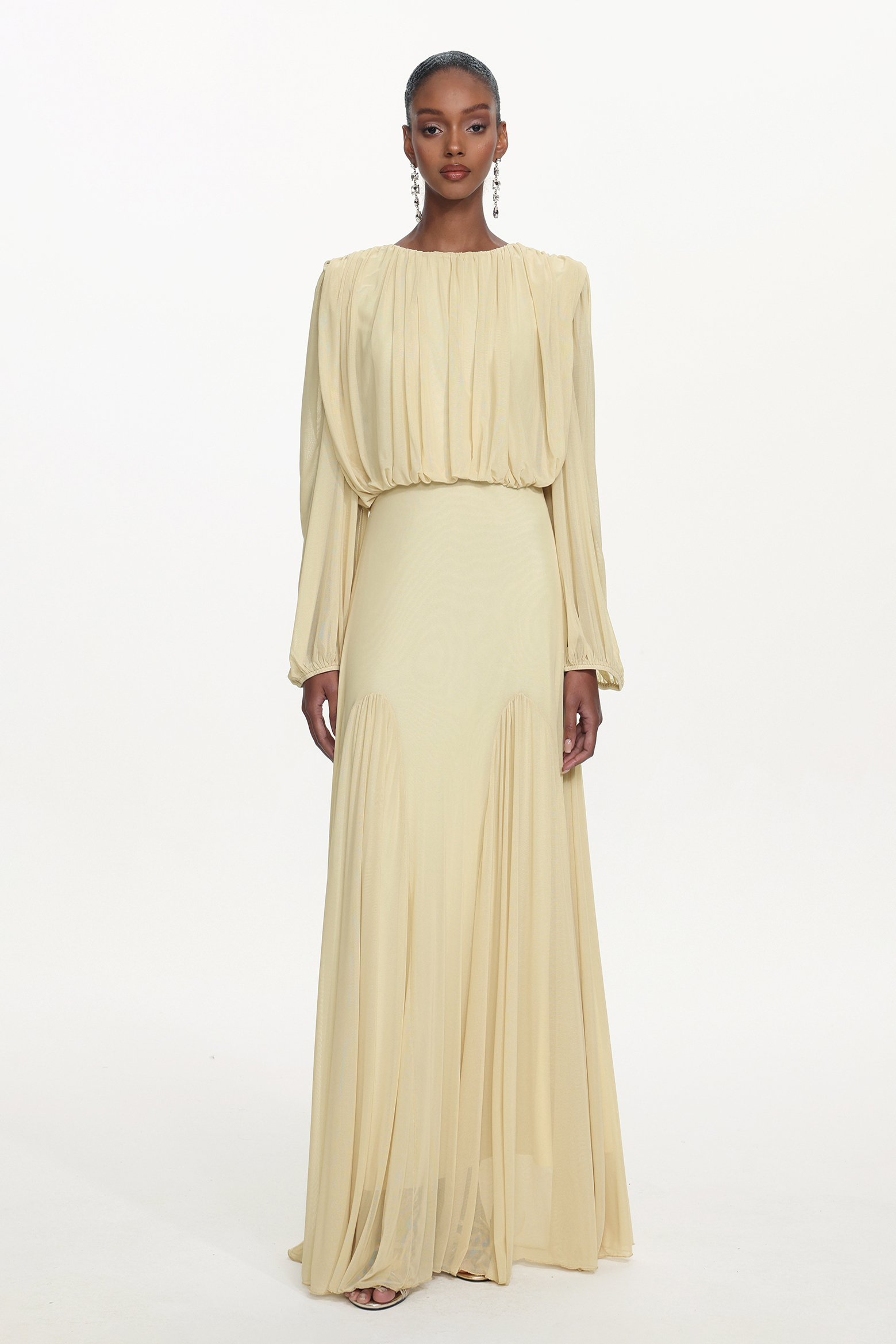 Zico Elegant Flowy Long Sleeve Ruched Knit Maxi Dress