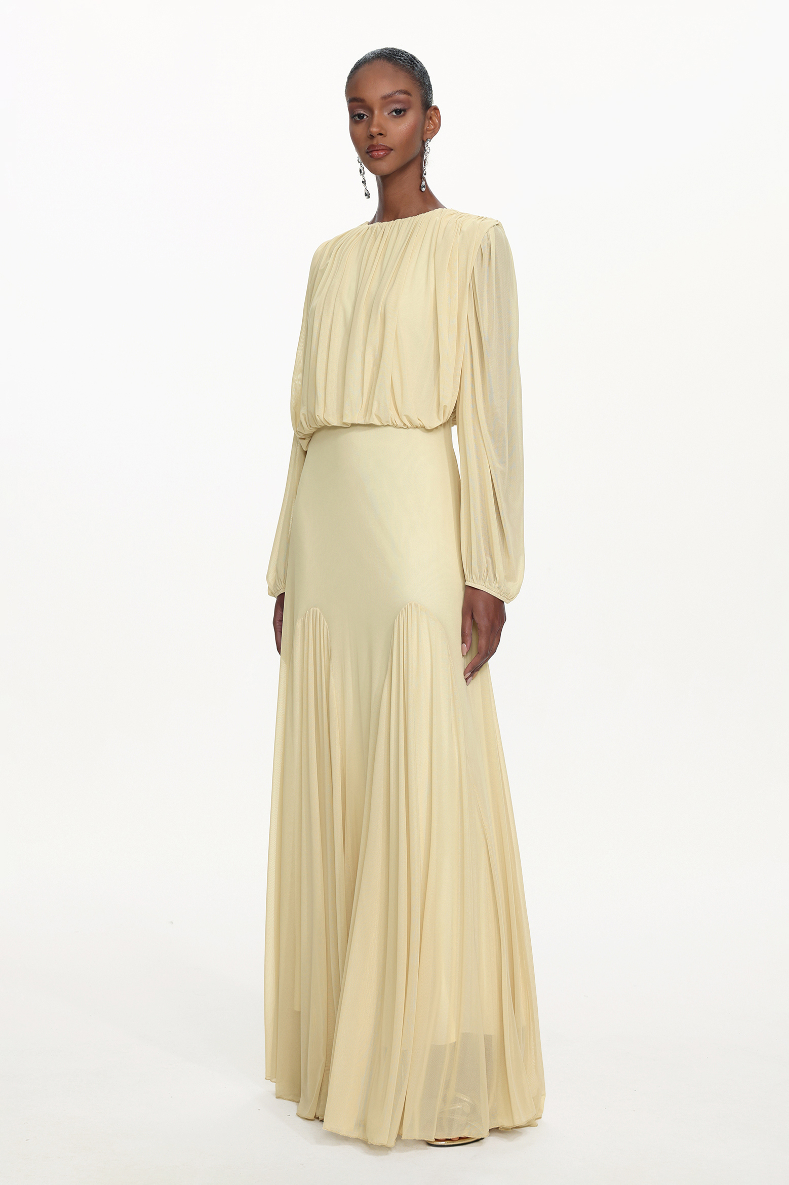 Zico Elegant Flowy Long Sleeve Ruched Knit Maxi Dress