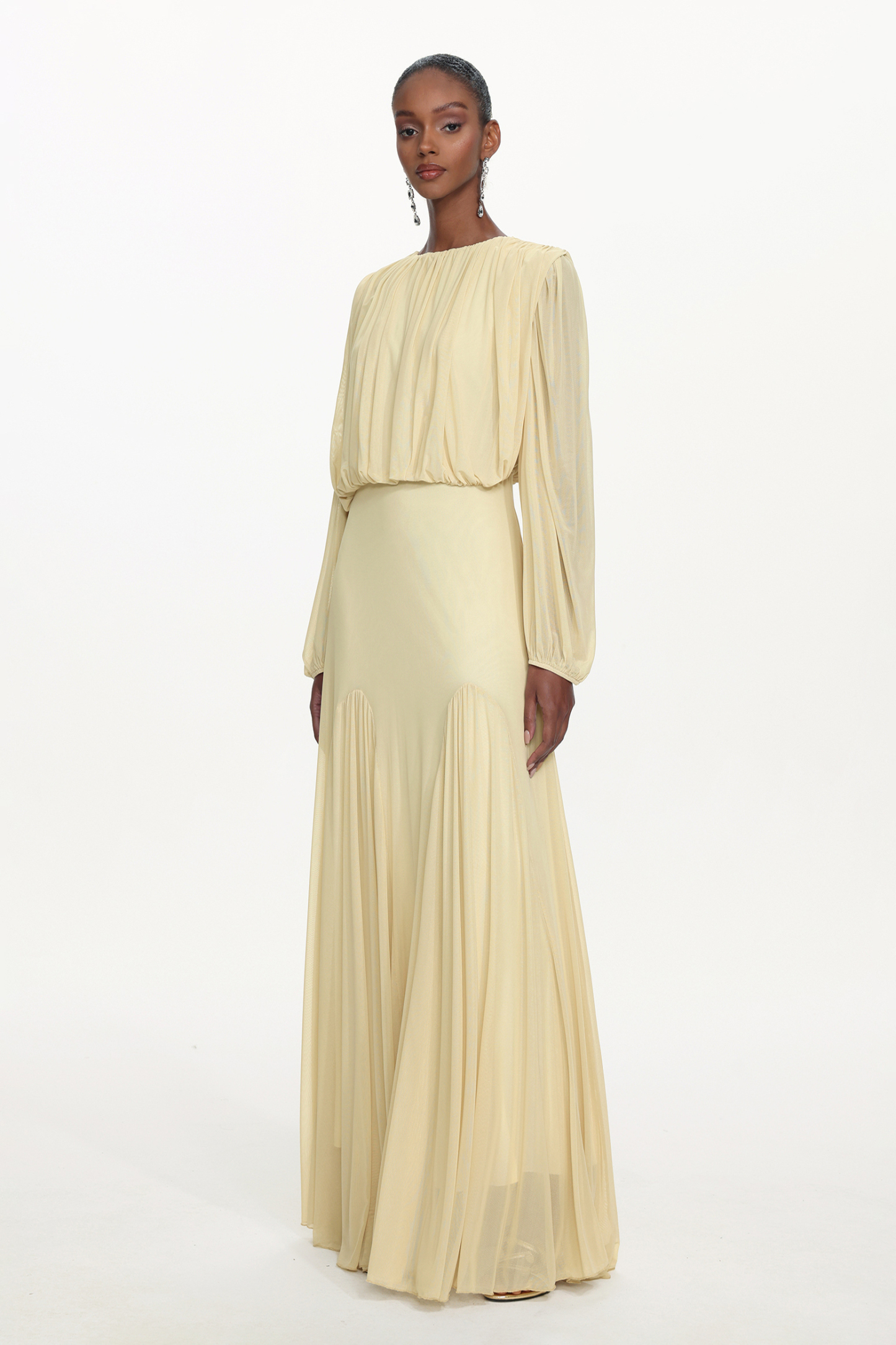Zico Elegant Flowy Long Sleeve Ruched Knit Maxi Dress