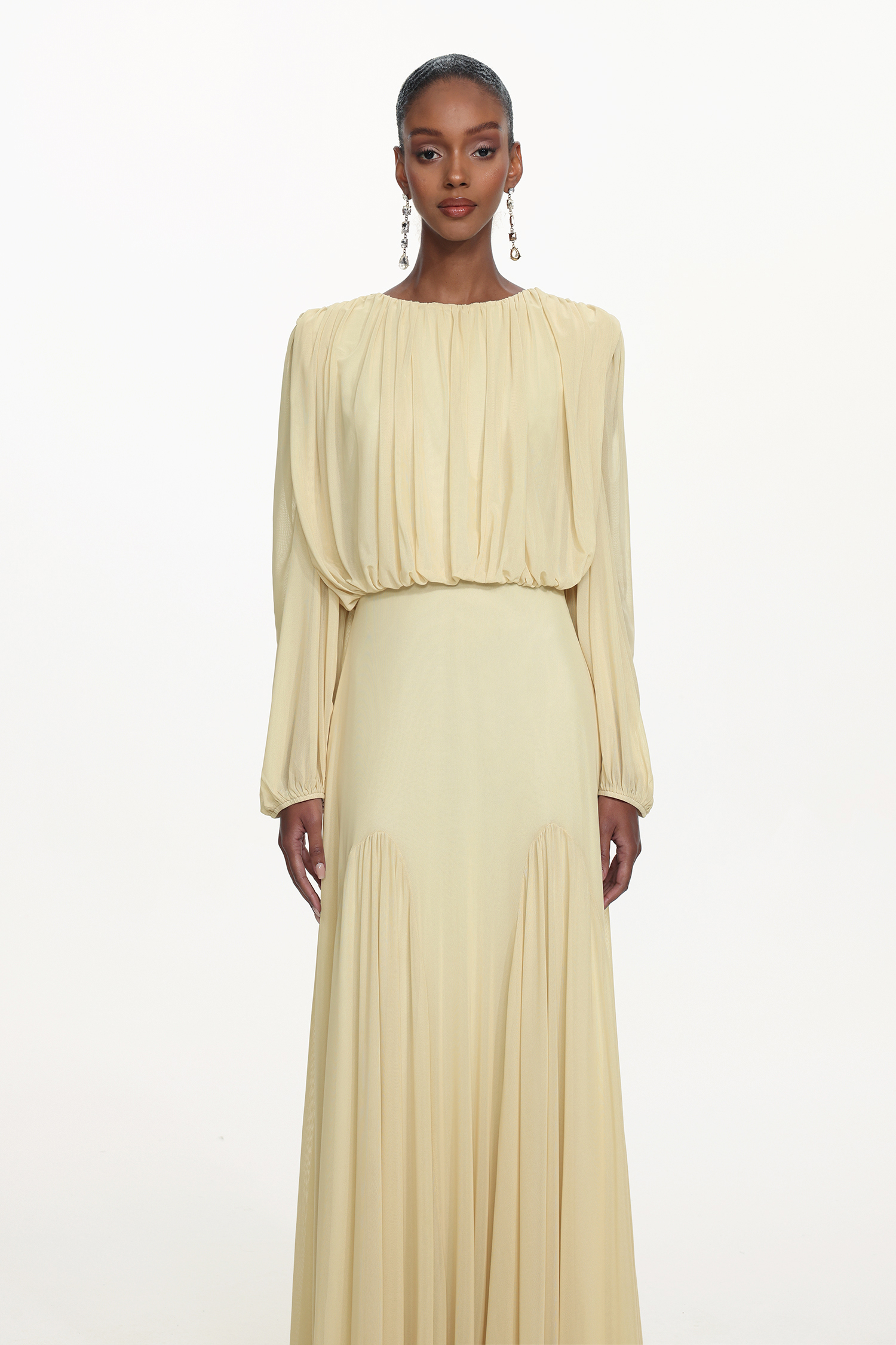 Zico Elegant Flowy Long Sleeve Ruched Knit Maxi Dress