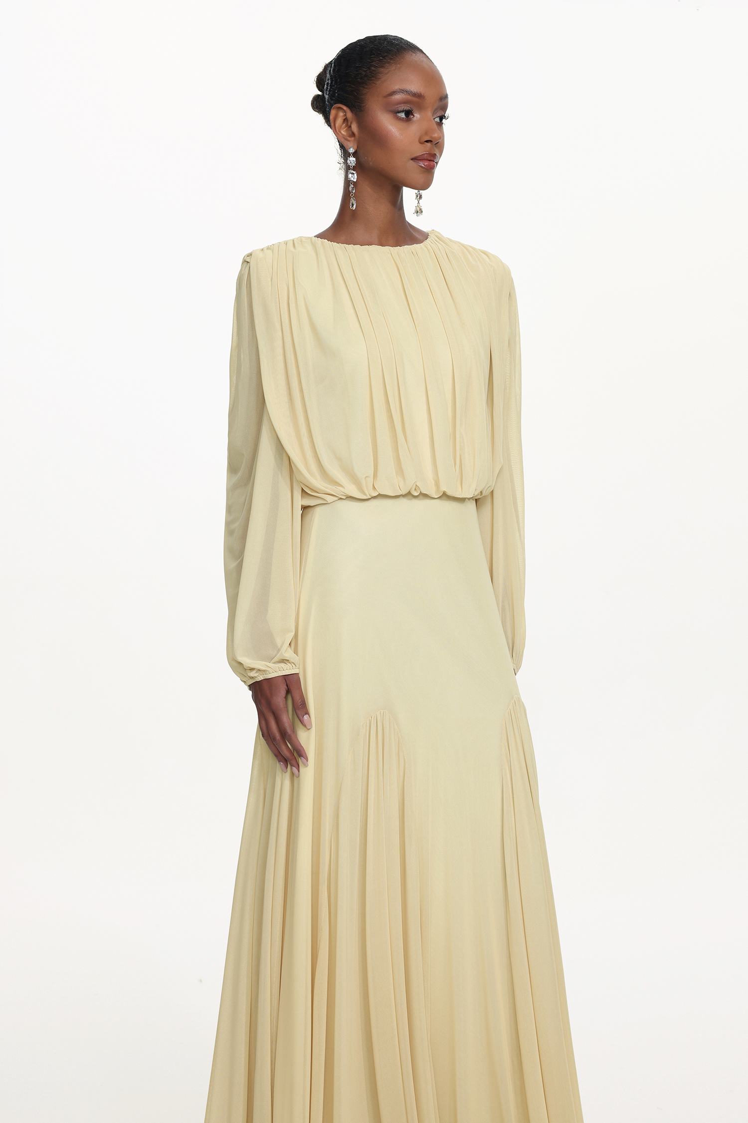 Zico Elegant Flowy Long Sleeve Ruched Knit Maxi Dress