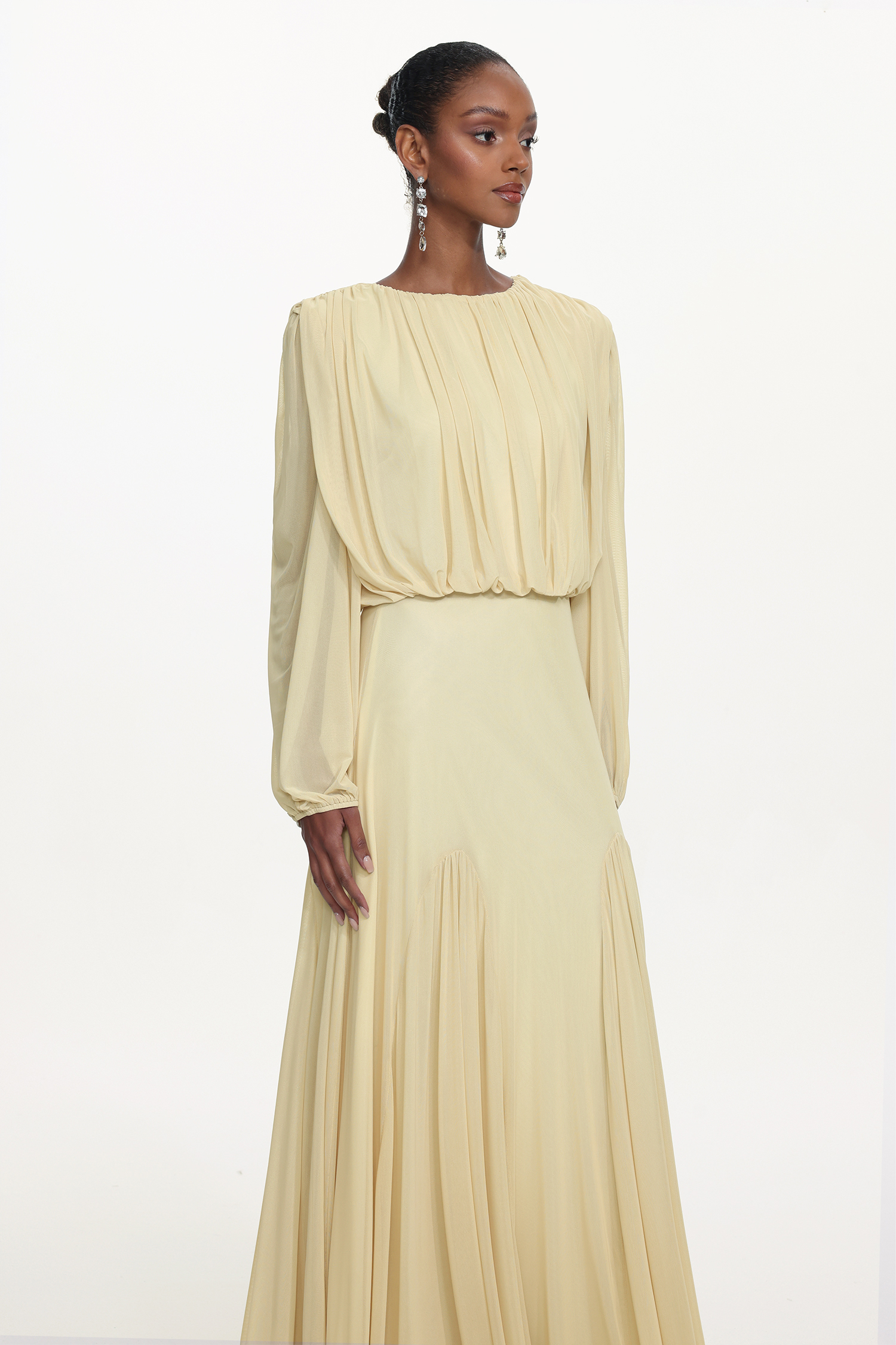 Zico Elegant Flowy Long Sleeve Ruched Knit Maxi Dress