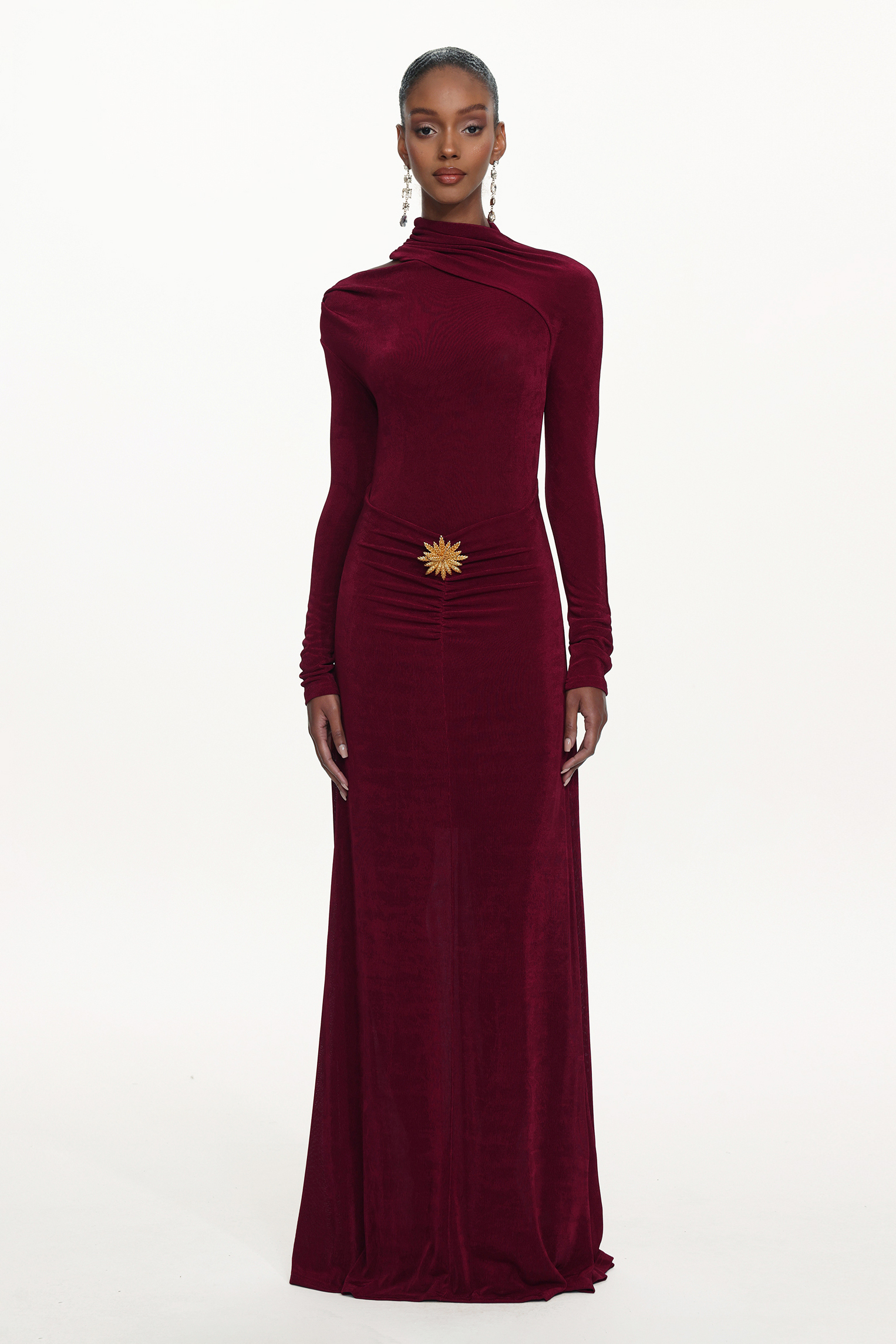 Faithe Romantic Contour Long Sleeve Ruched Knit Maxi Dress