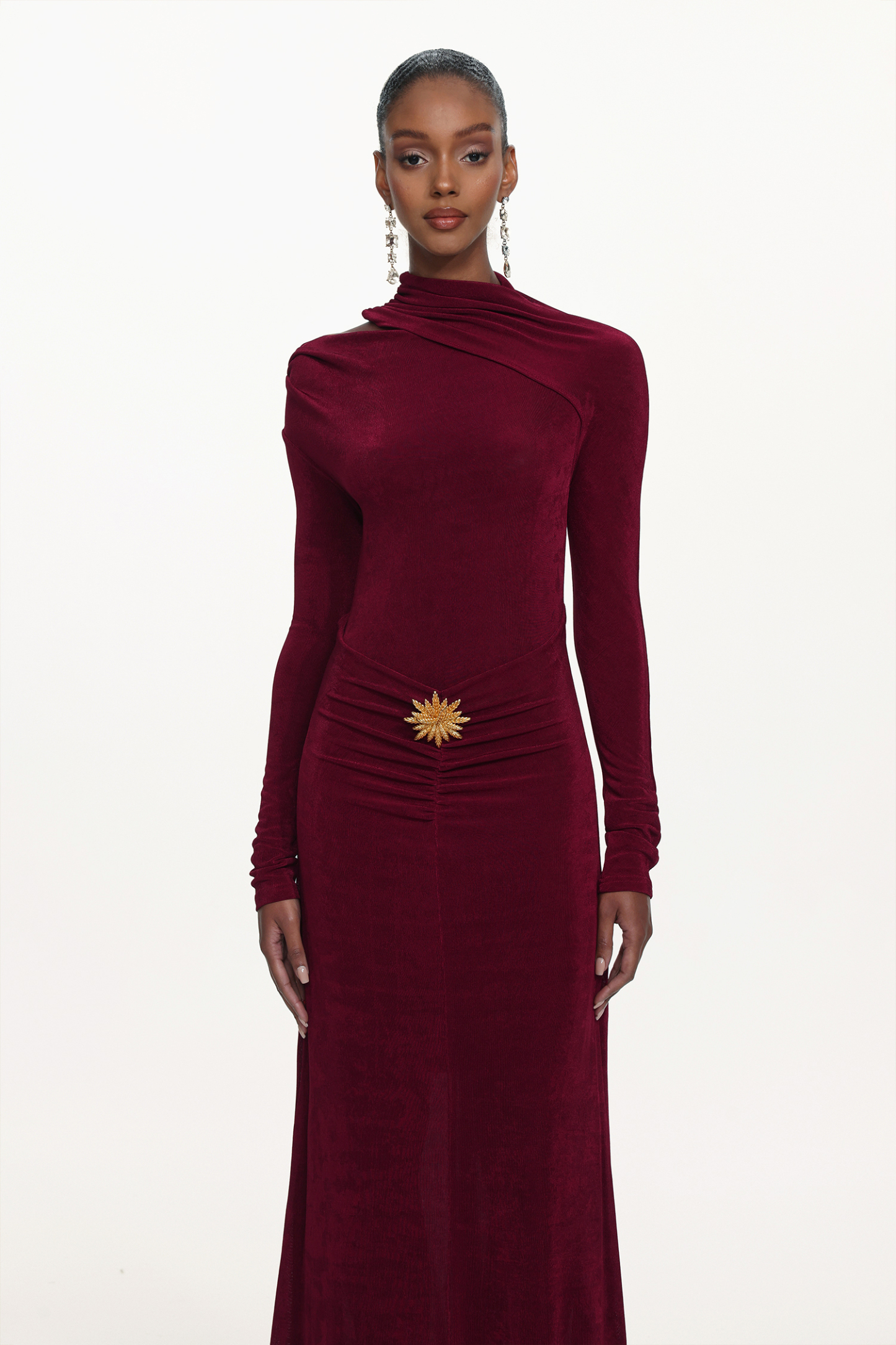 Faithe Romantic Contour Long Sleeve Ruched Knit Maxi Dress