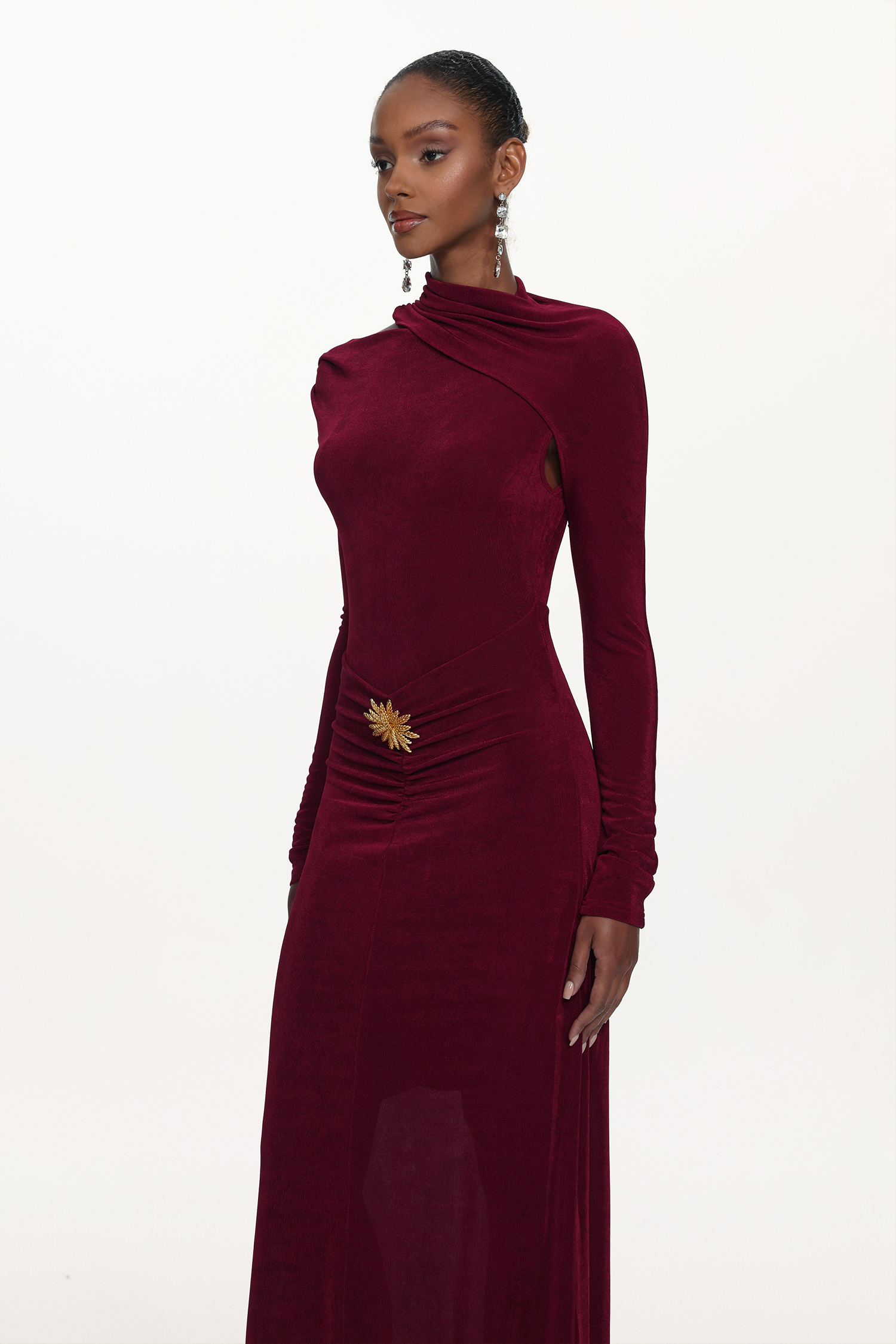 Faithe Romantic Contour Long Sleeve Ruched Knit Maxi Dress