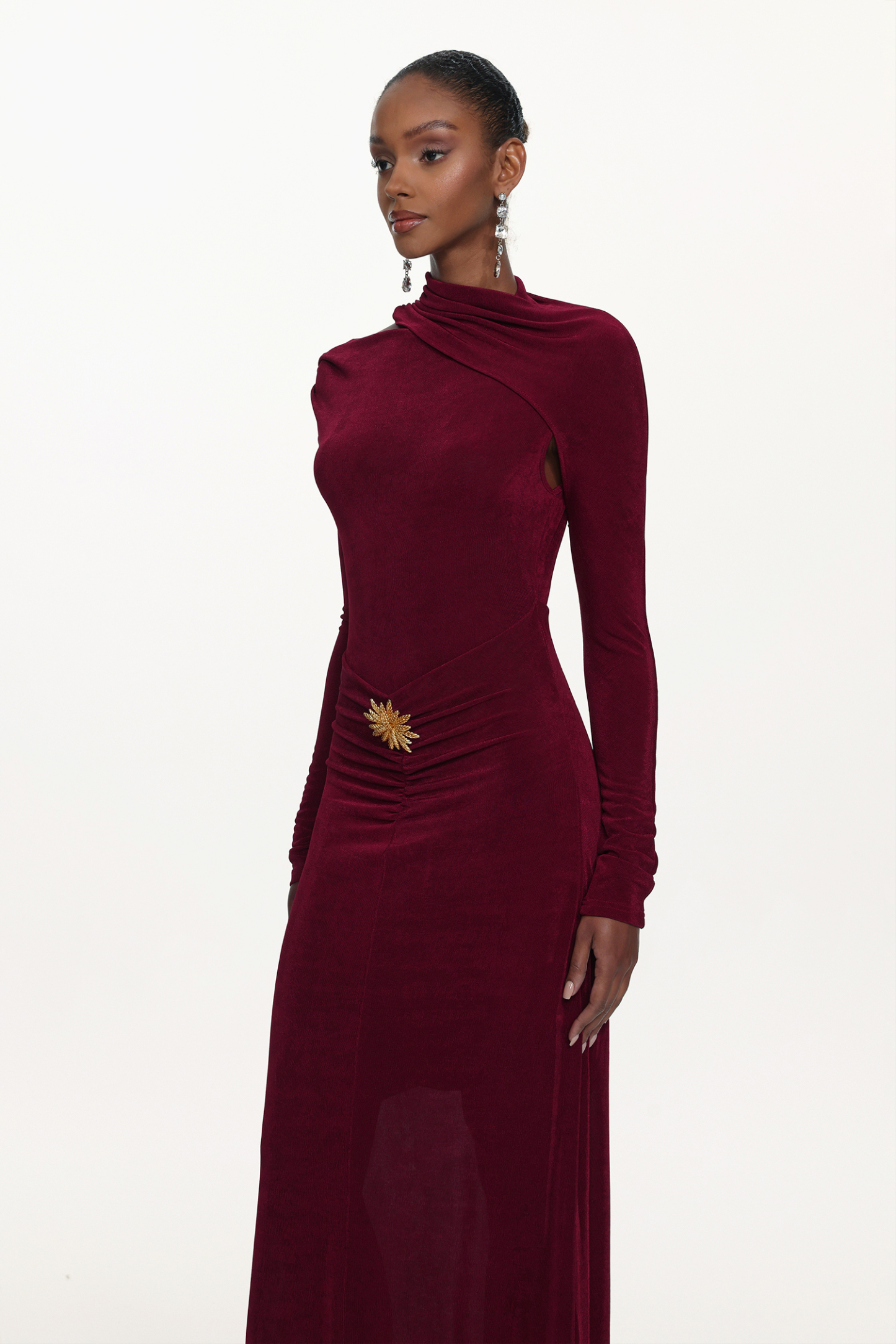 Faithe Romantic Contour Long Sleeve Ruched Knit Maxi Dress