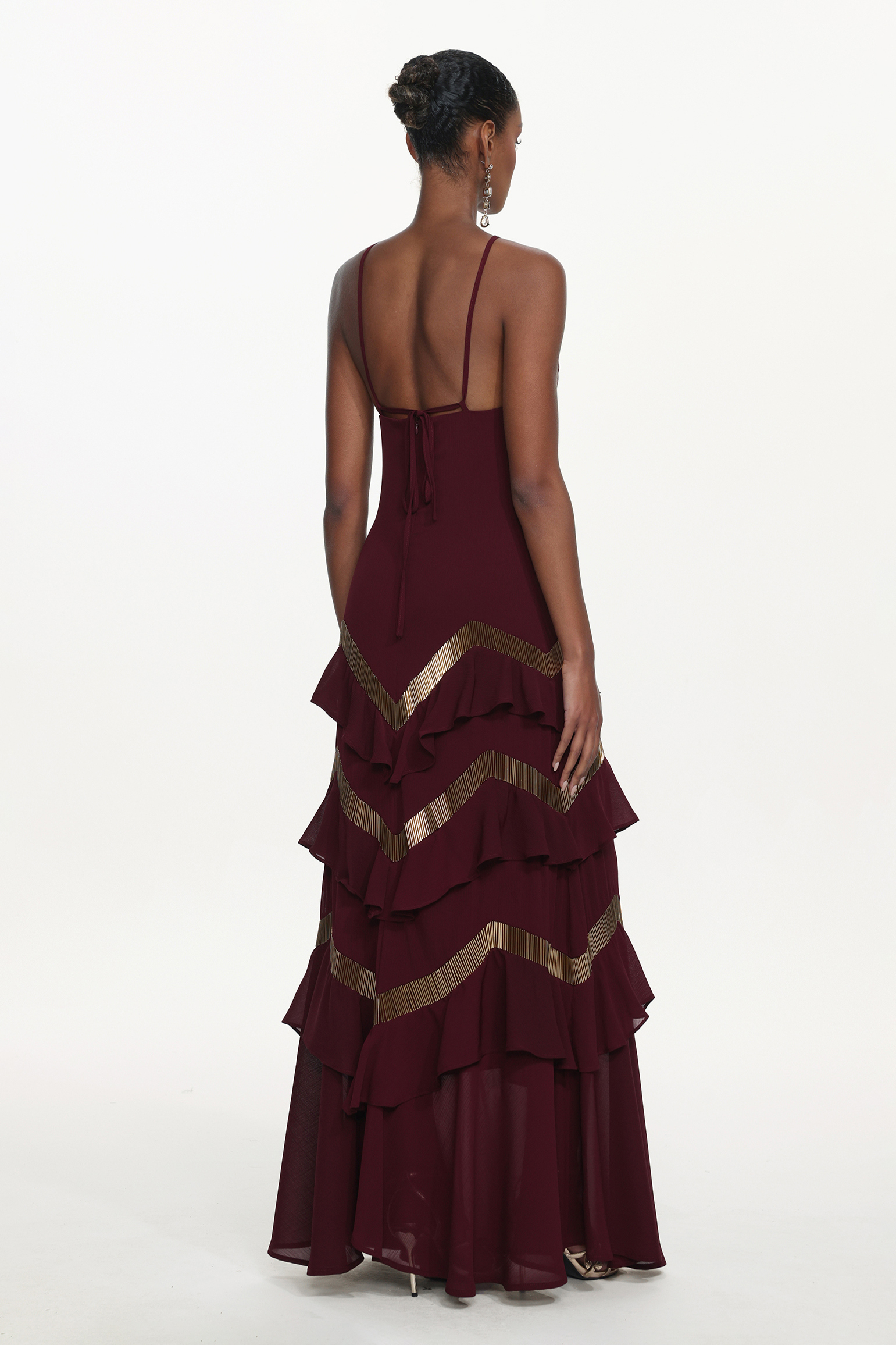 Tiana Chic Flowy Halter Embellished Ruffle Maxi Dress