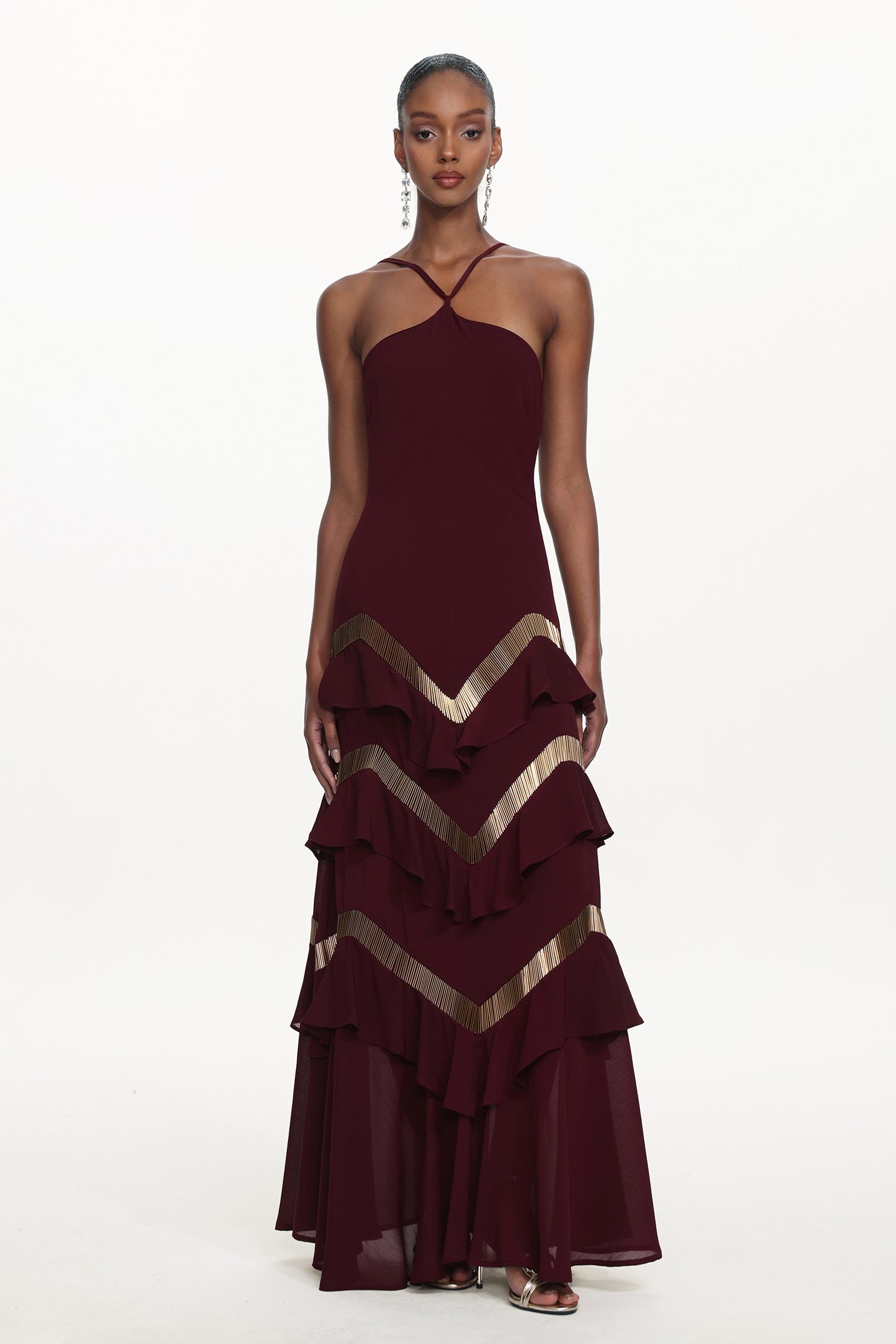 Tiana Chic Flowy Halter Embellished Ruffle Maxi Dress