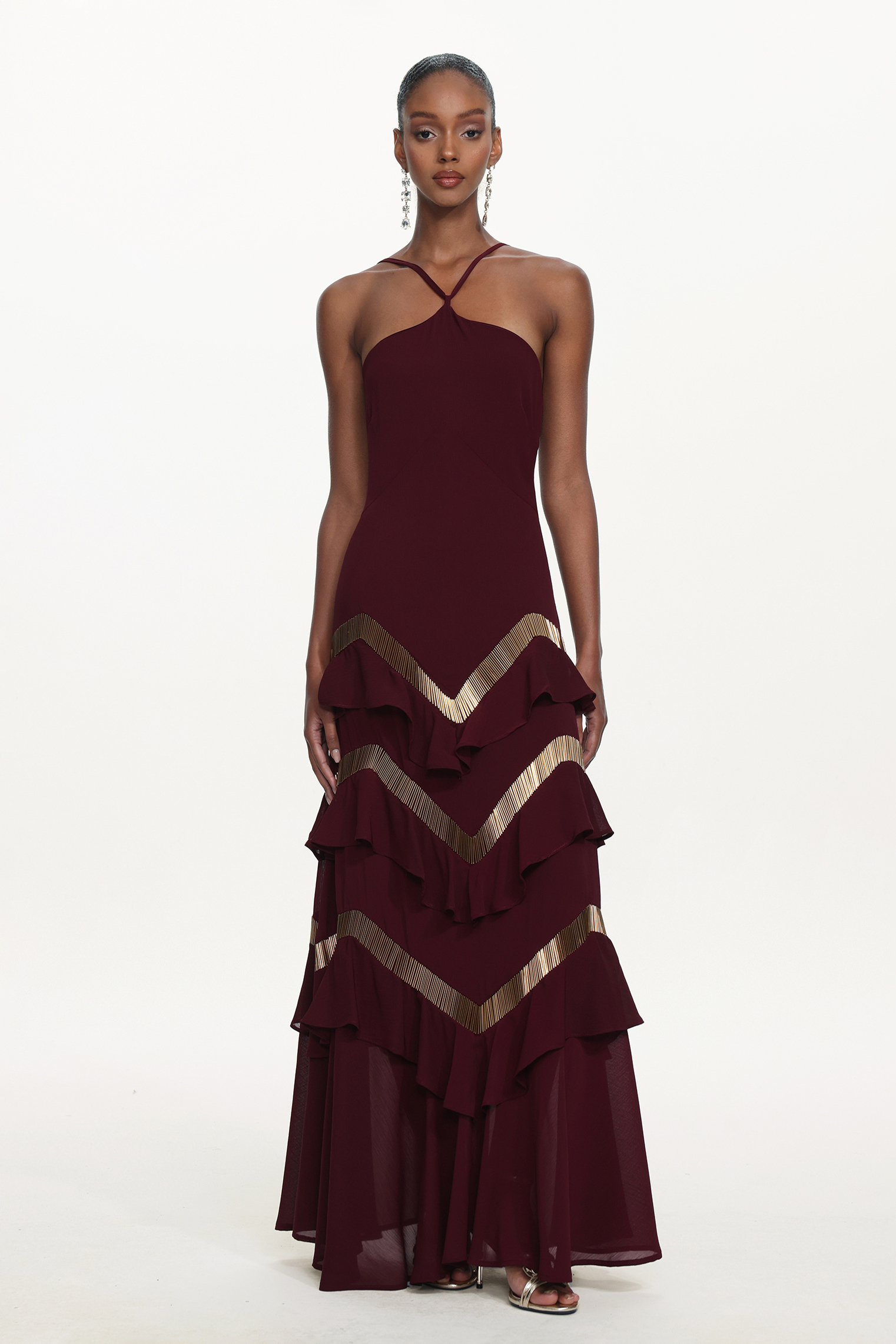 Tiana Chic Flowy Halter Embellished Ruffle Maxi Dress