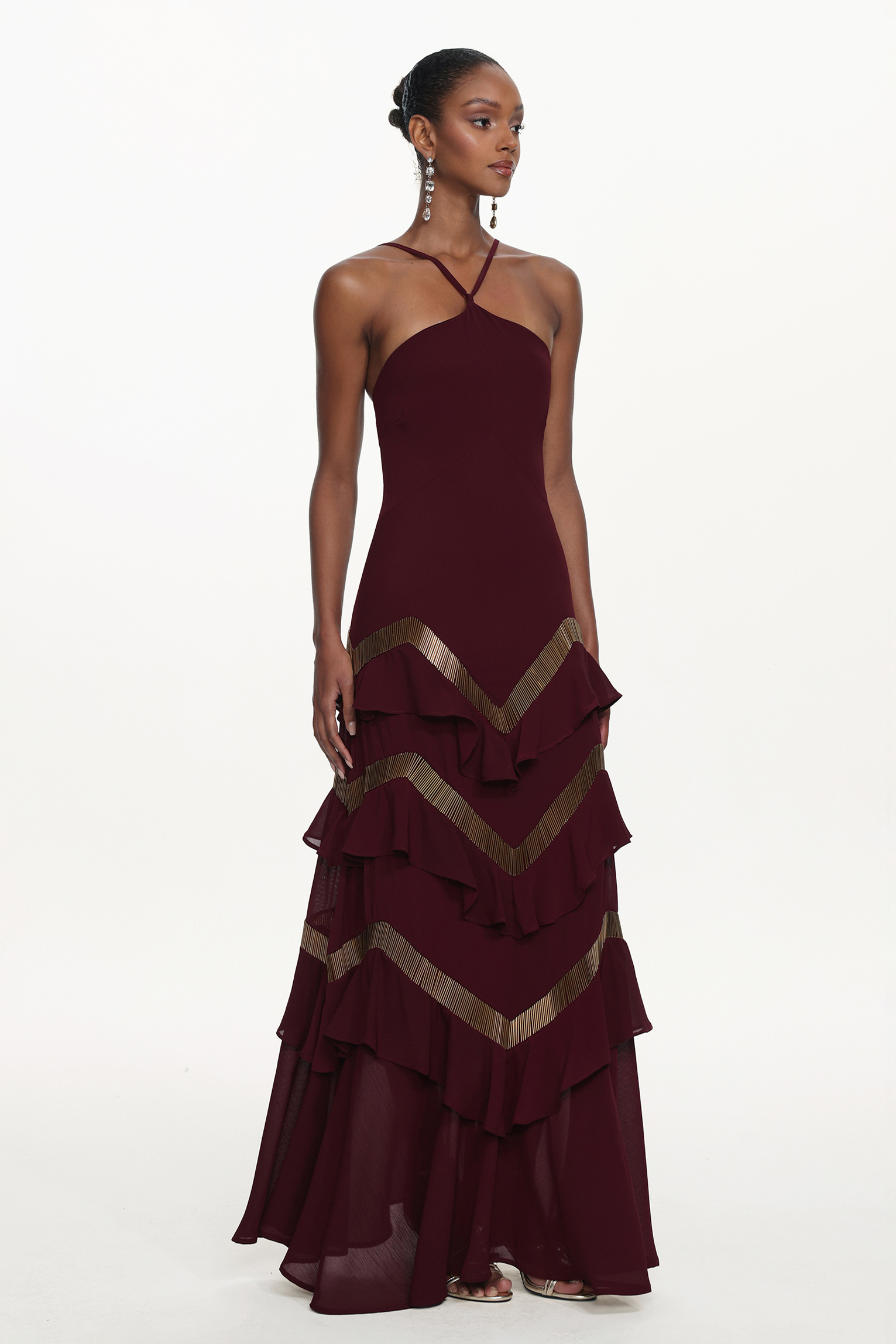 Tiana Chic Flowy Halter Embellished Ruffle Maxi Dress