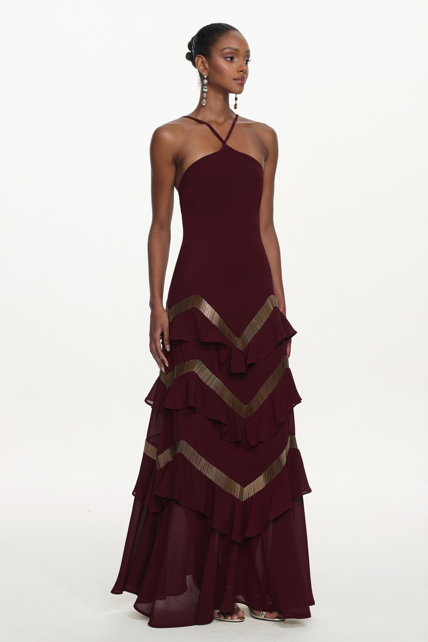 Tiana Chic Flowy Halter Embellished Ruffle Maxi Dress