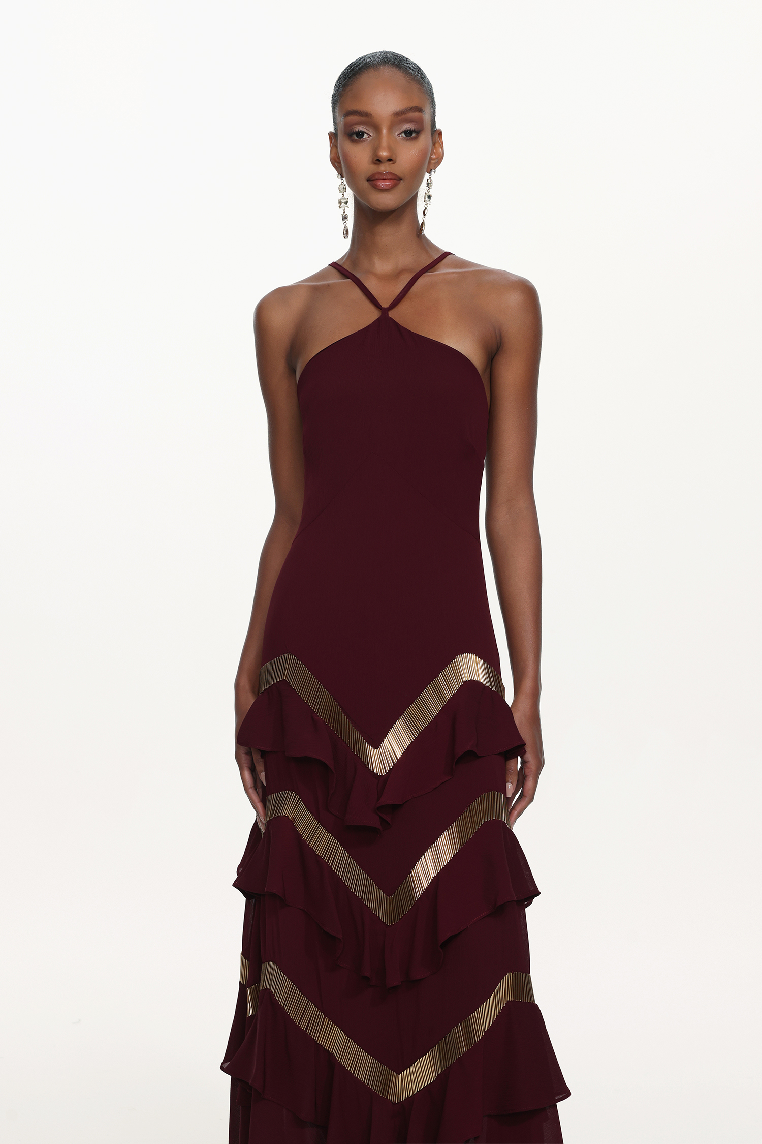 Tiana Chic Flowy Halter Embellished Ruffle Maxi Dress