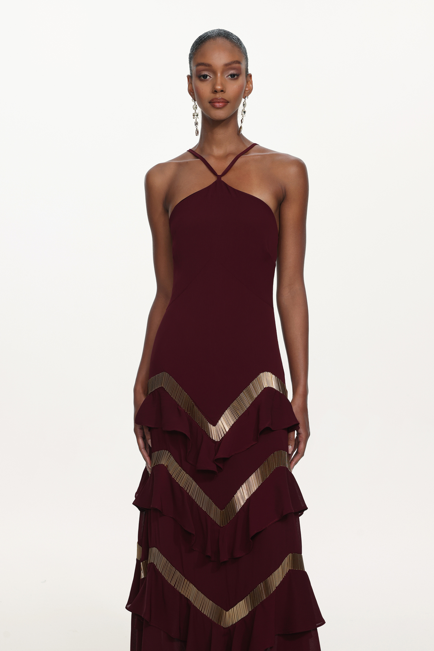 Tiana Chic Flowy Halter Embellished Ruffle Maxi Dress