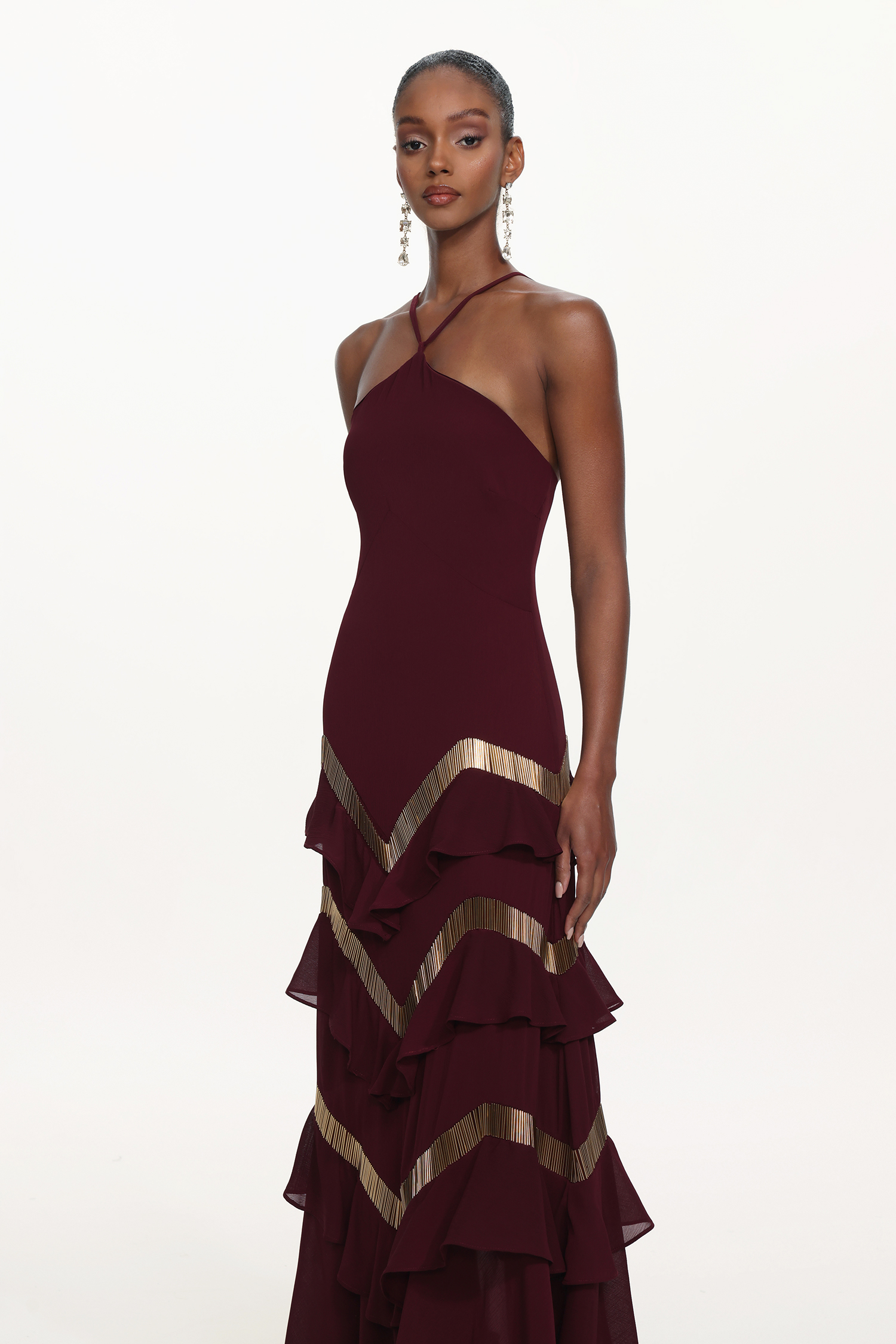 Tiana Chic Flowy Halter Embellished Ruffle Maxi Dress