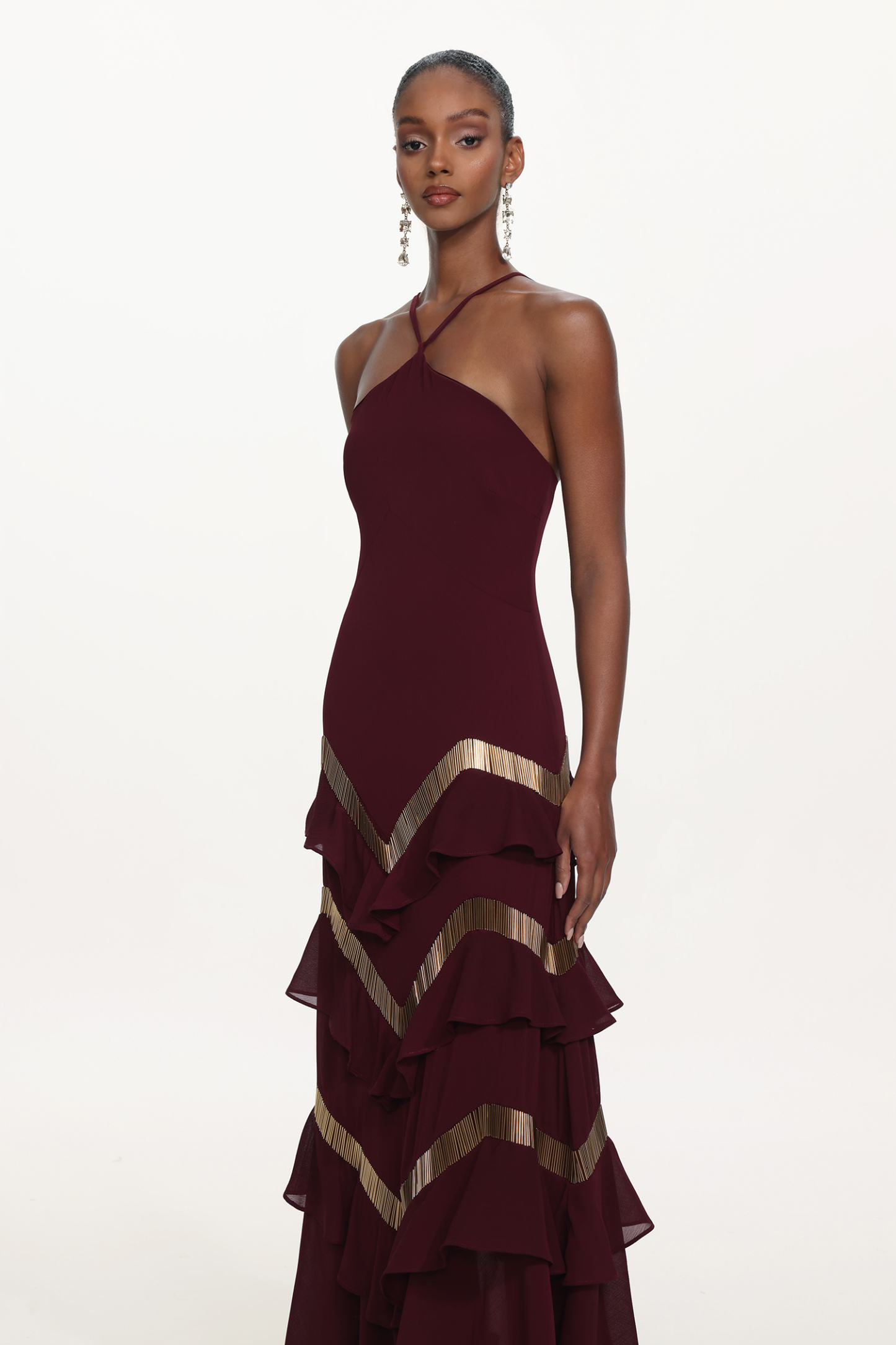 Tiana Chic Flowy Halter Embellished Ruffle Maxi Dress