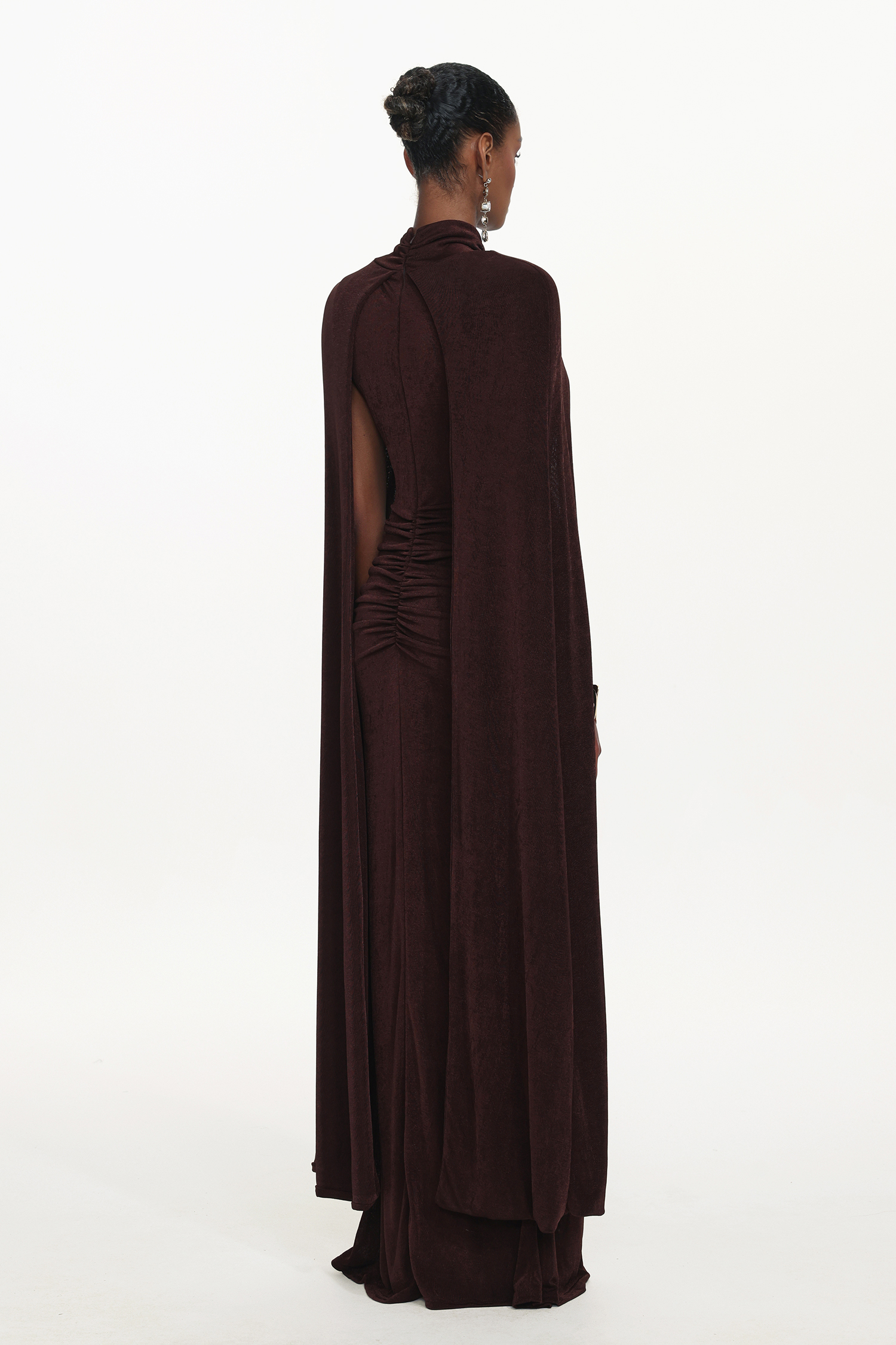 Makala Elegant Contour Drape Cape Ruched Knit Maxi Dress