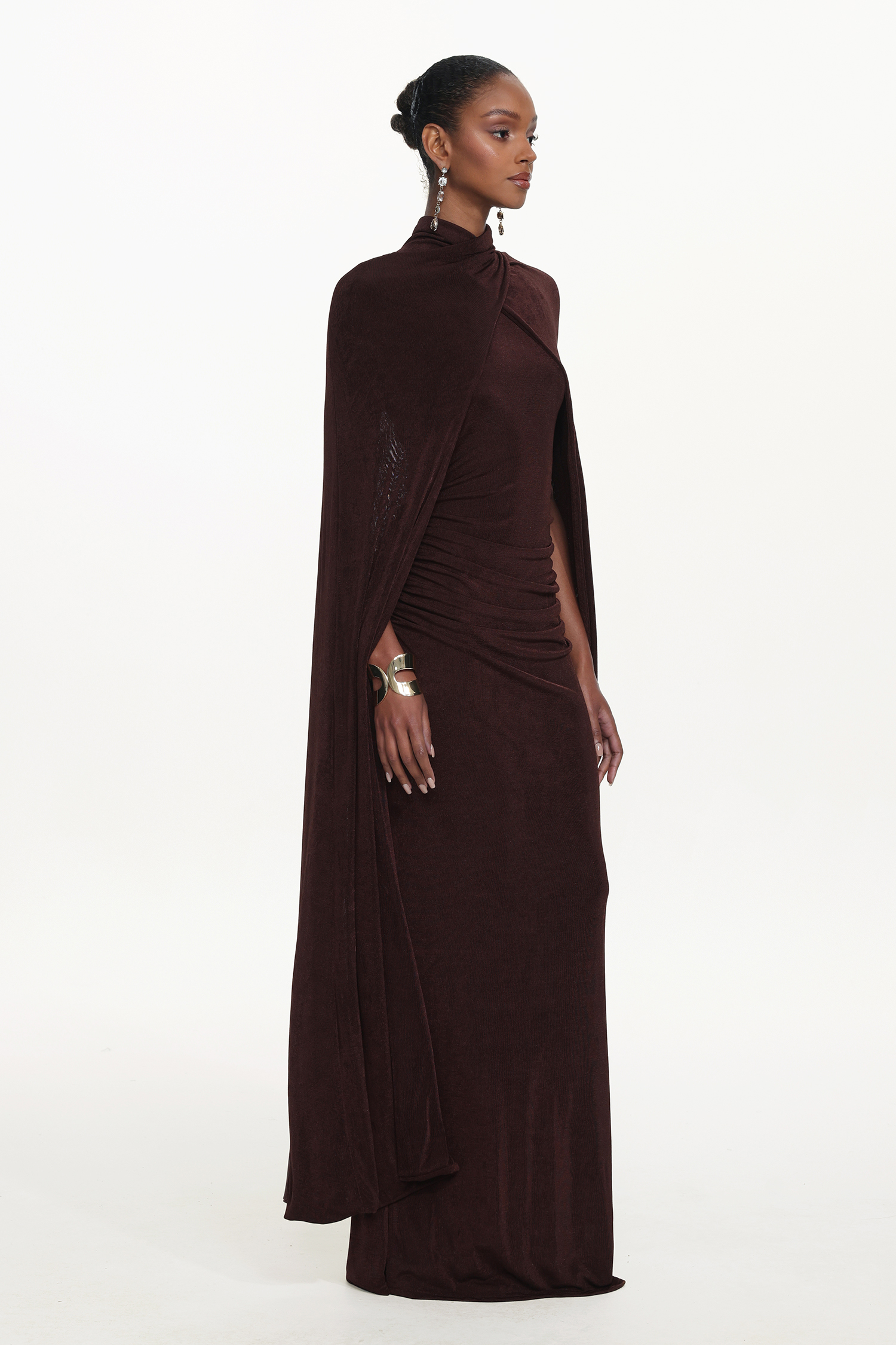 Makala Elegant Contour Drape Cape Ruched Knit Maxi Dress