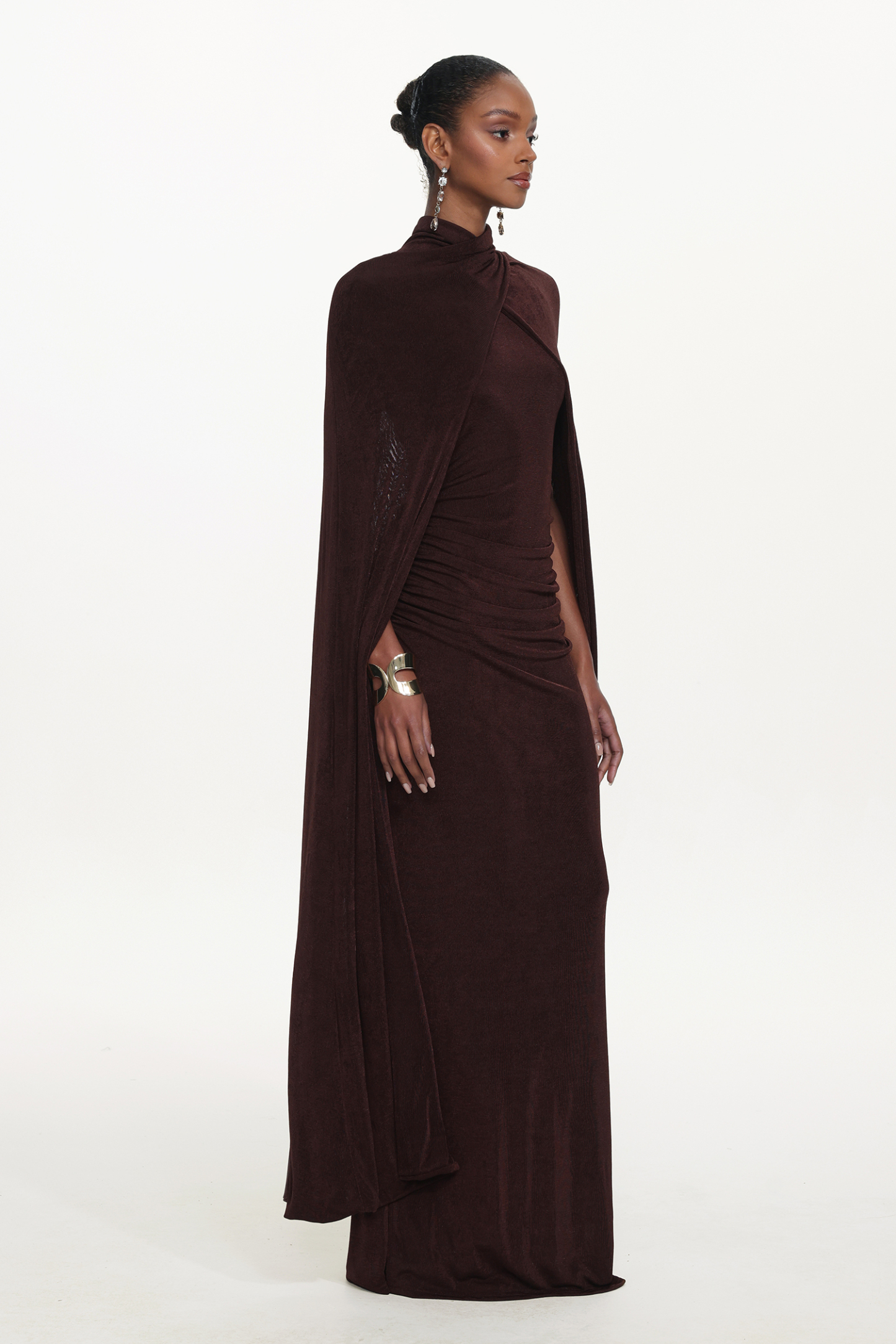 Makala Elegant Contour Drape Cape Ruched Knit Maxi Dress