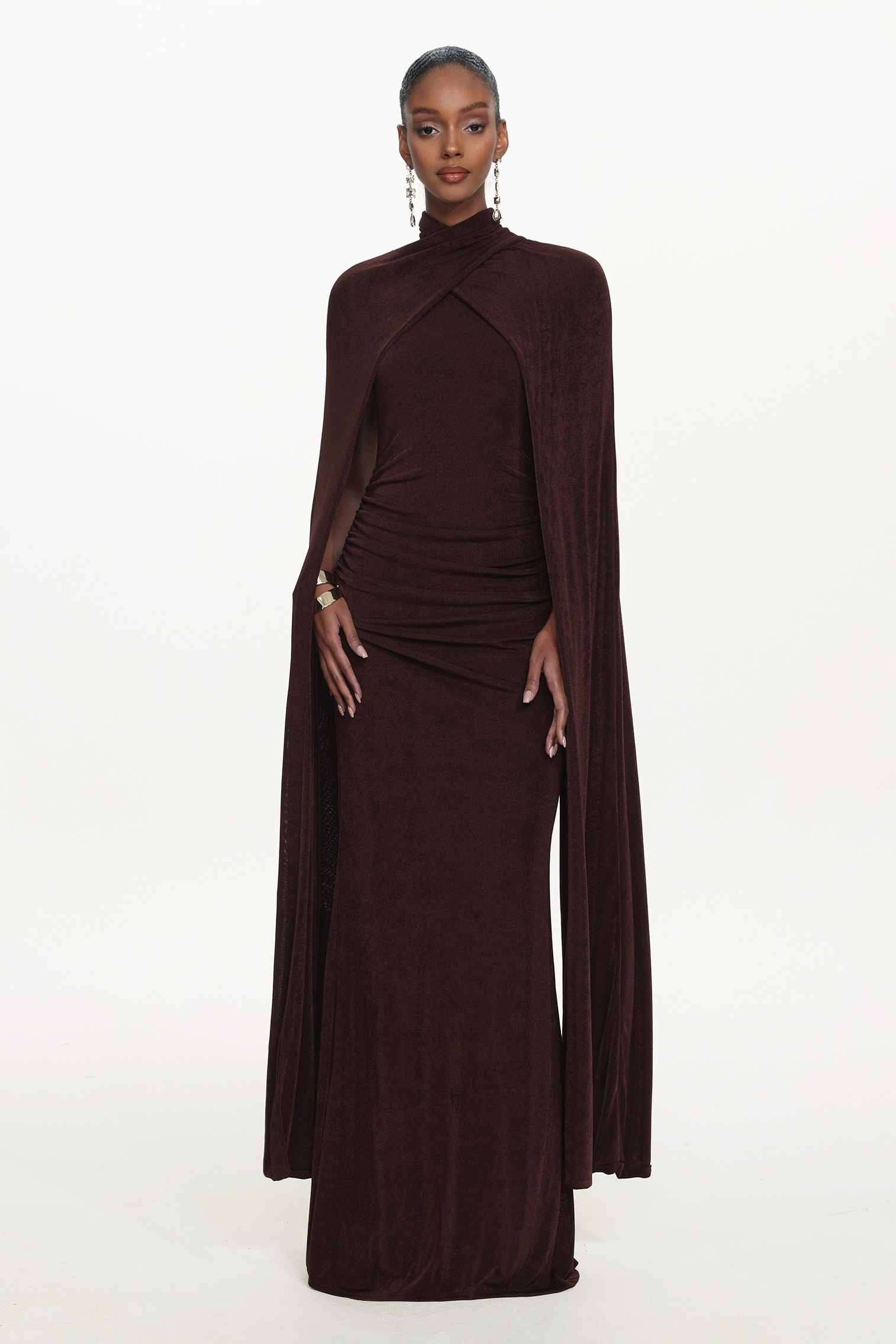 Makala Elegant Contour Drape Cape Ruched Knit Maxi Dress