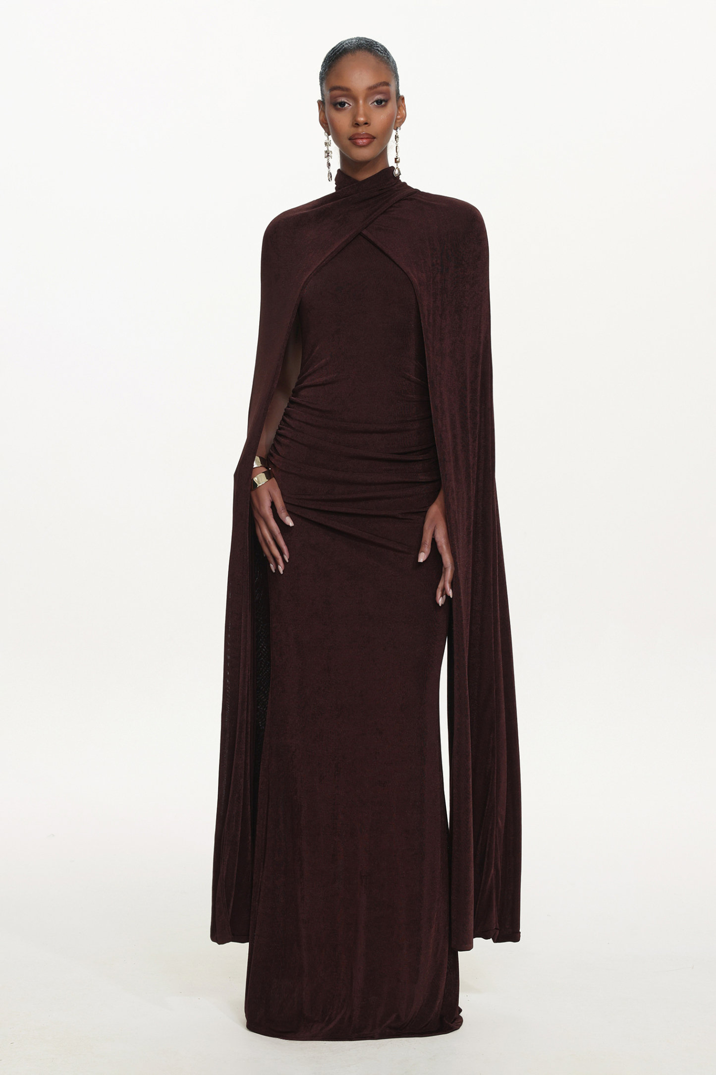 Makala Elegant Contour Drape Cape Ruched Knit Maxi Dress