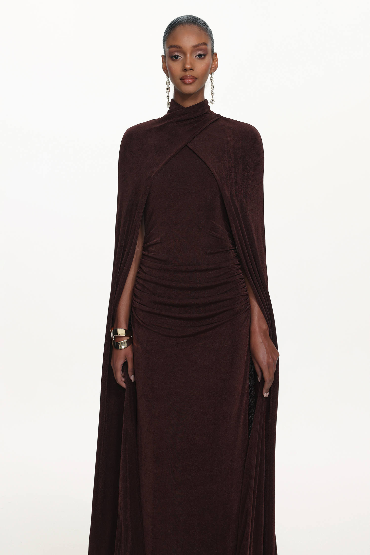Makala Elegant Contour Drape Cape Ruched Knit Maxi Dress