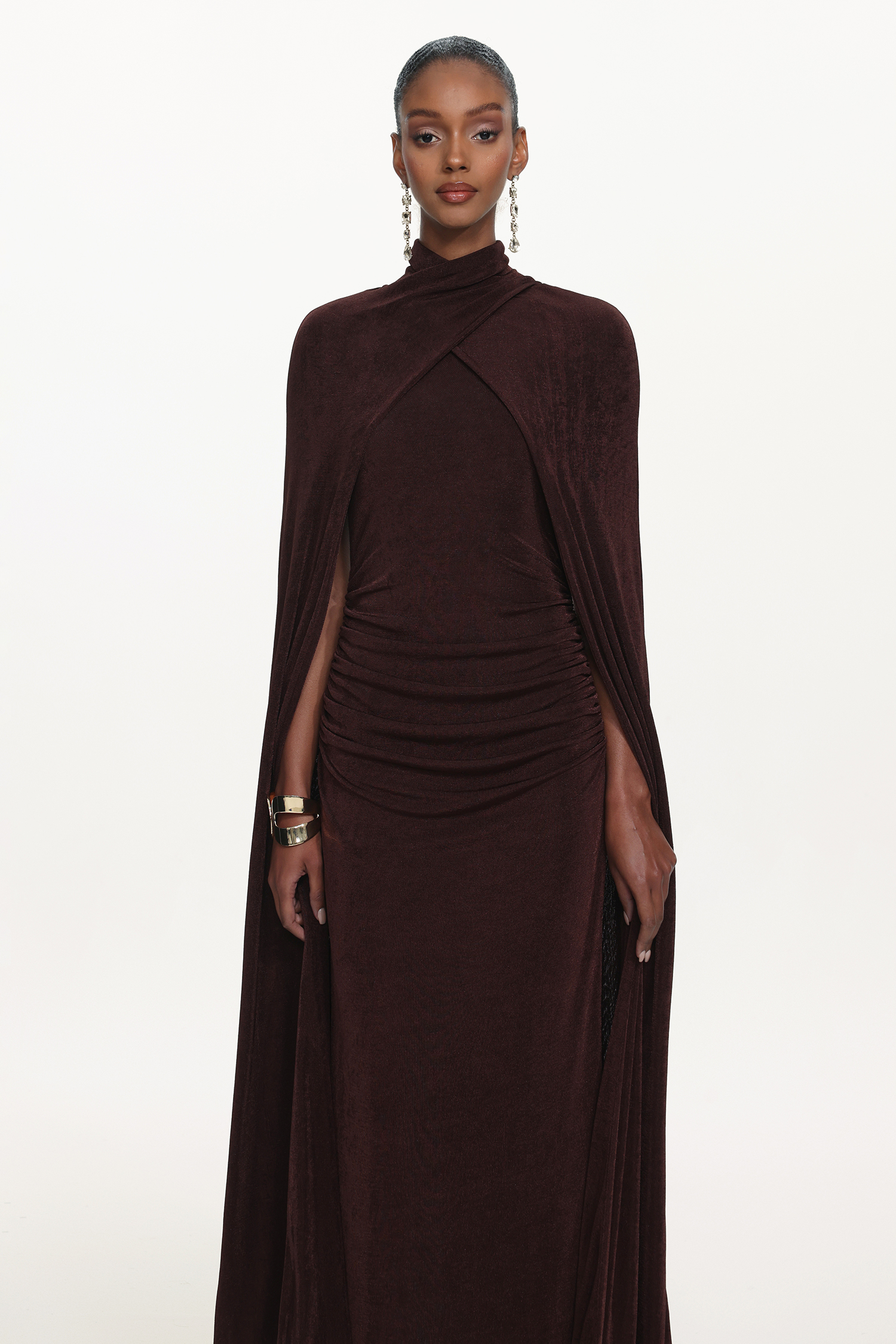 Makala Elegant Contour Drape Cape Ruched Knit Maxi Dress