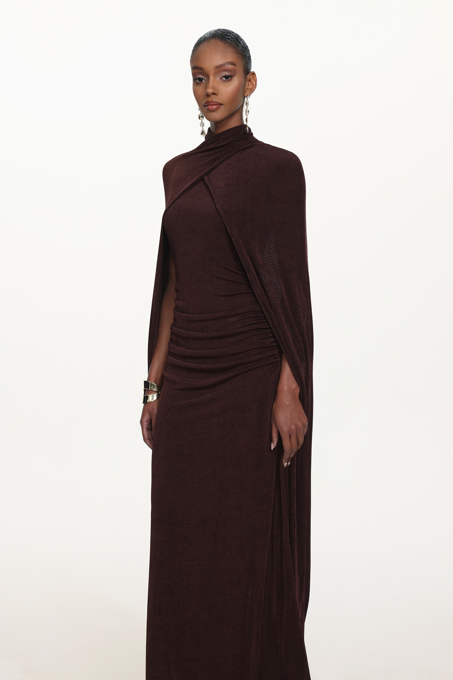 Makala Elegant Contour Drape Cape Ruched Knit Maxi Dress