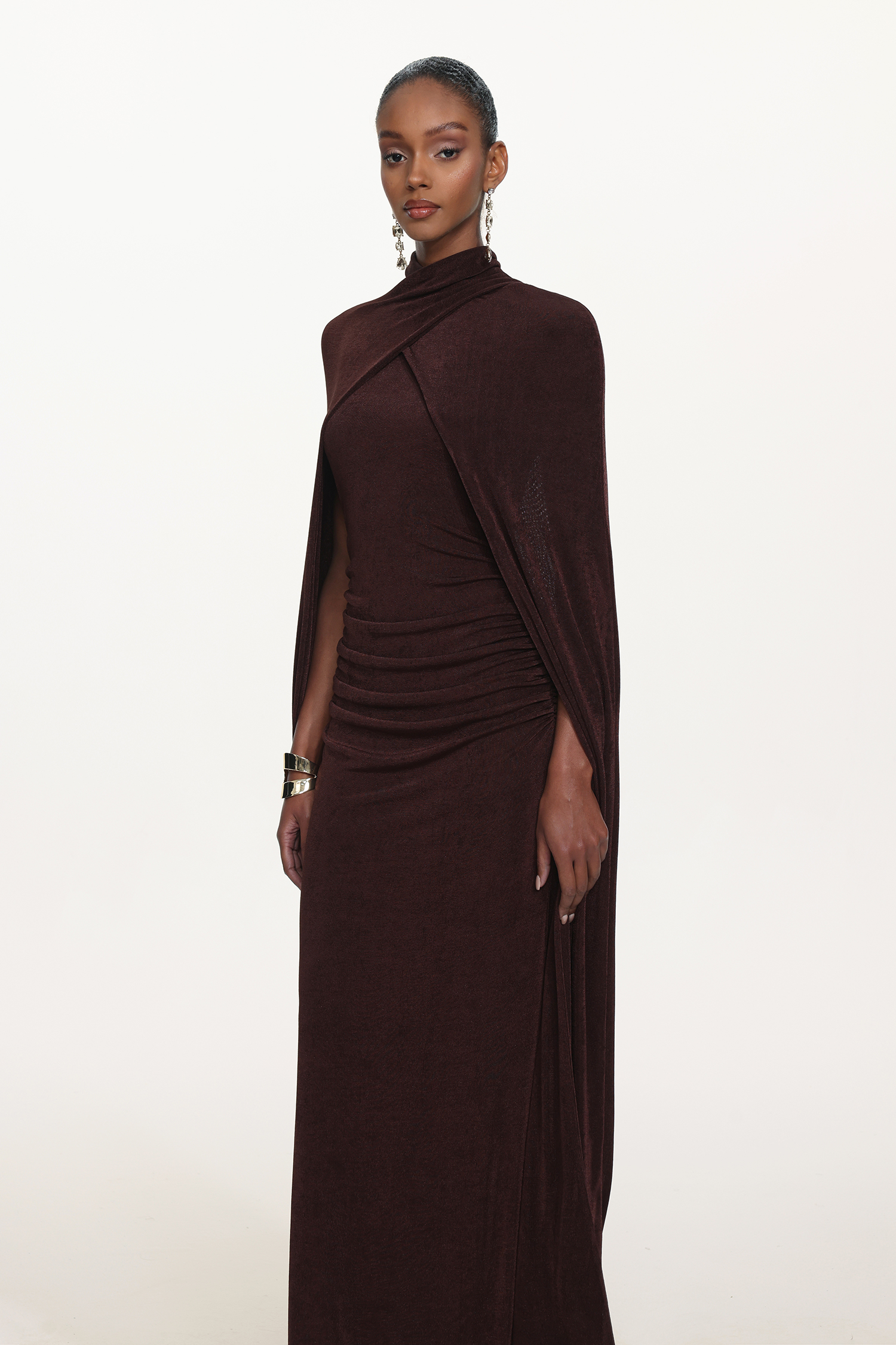 Makala Elegant Contour Drape Cape Ruched Knit Maxi Dress