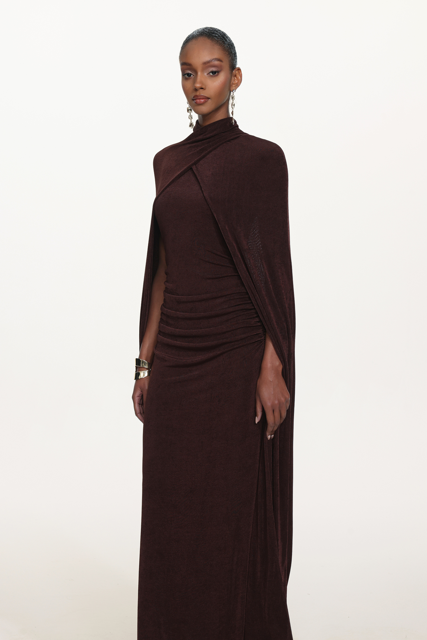 Makala Elegant Contour Drape Cape Ruched Knit Maxi Dress