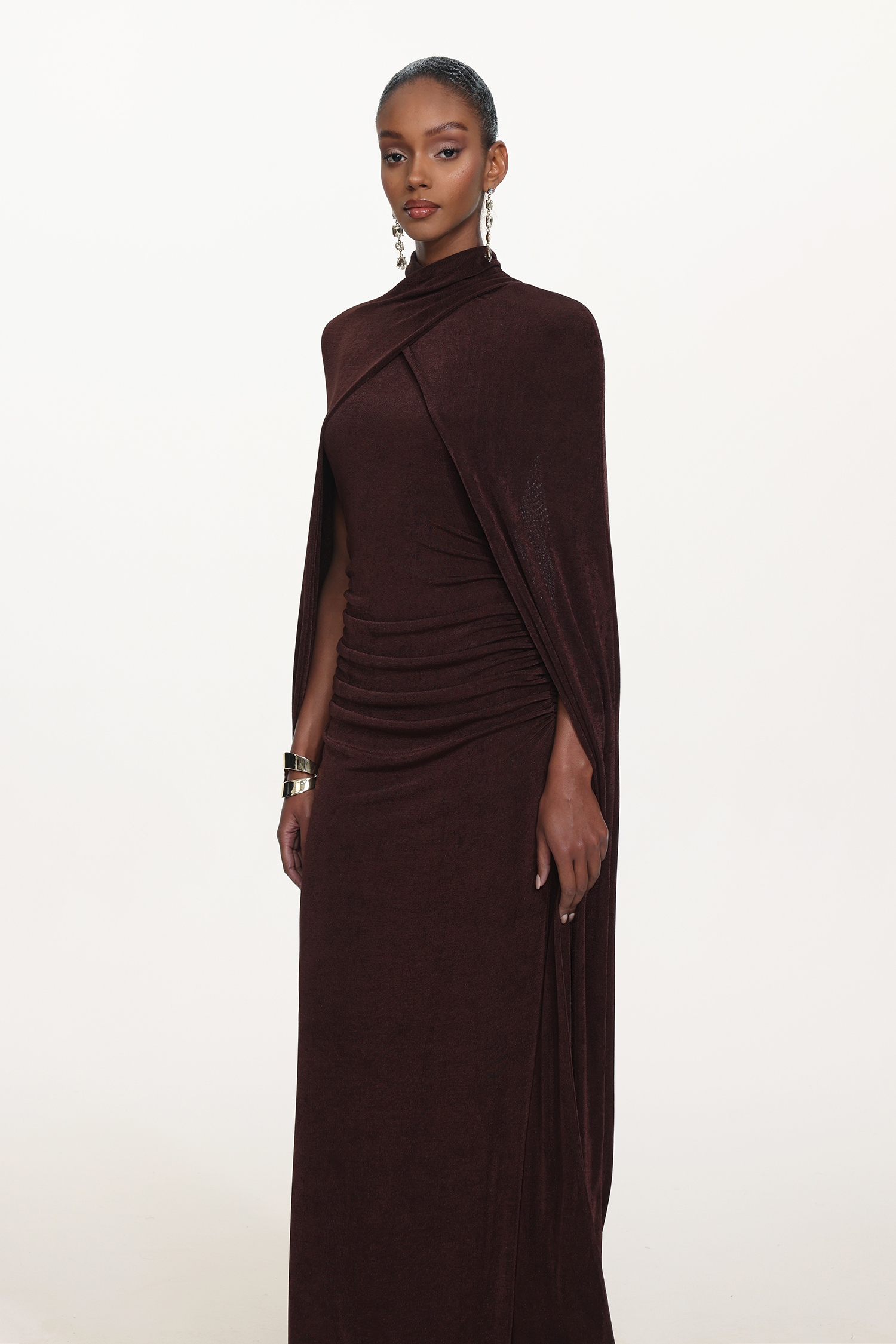 Makala Elegant Contour Drape Cape Ruched Knit Maxi Dress