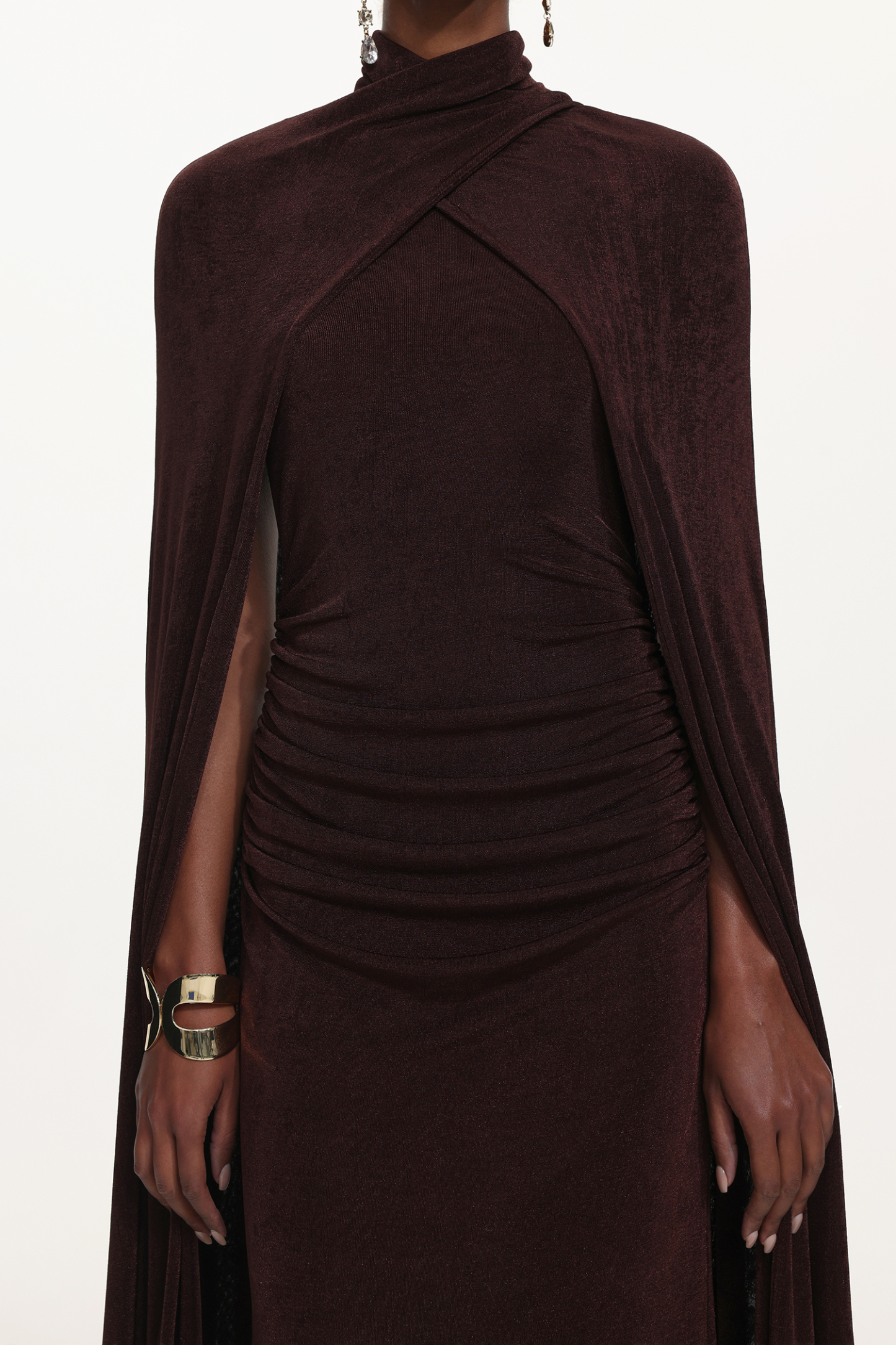 Makala Elegant Contour Drape Cape Ruched Knit Maxi Dress