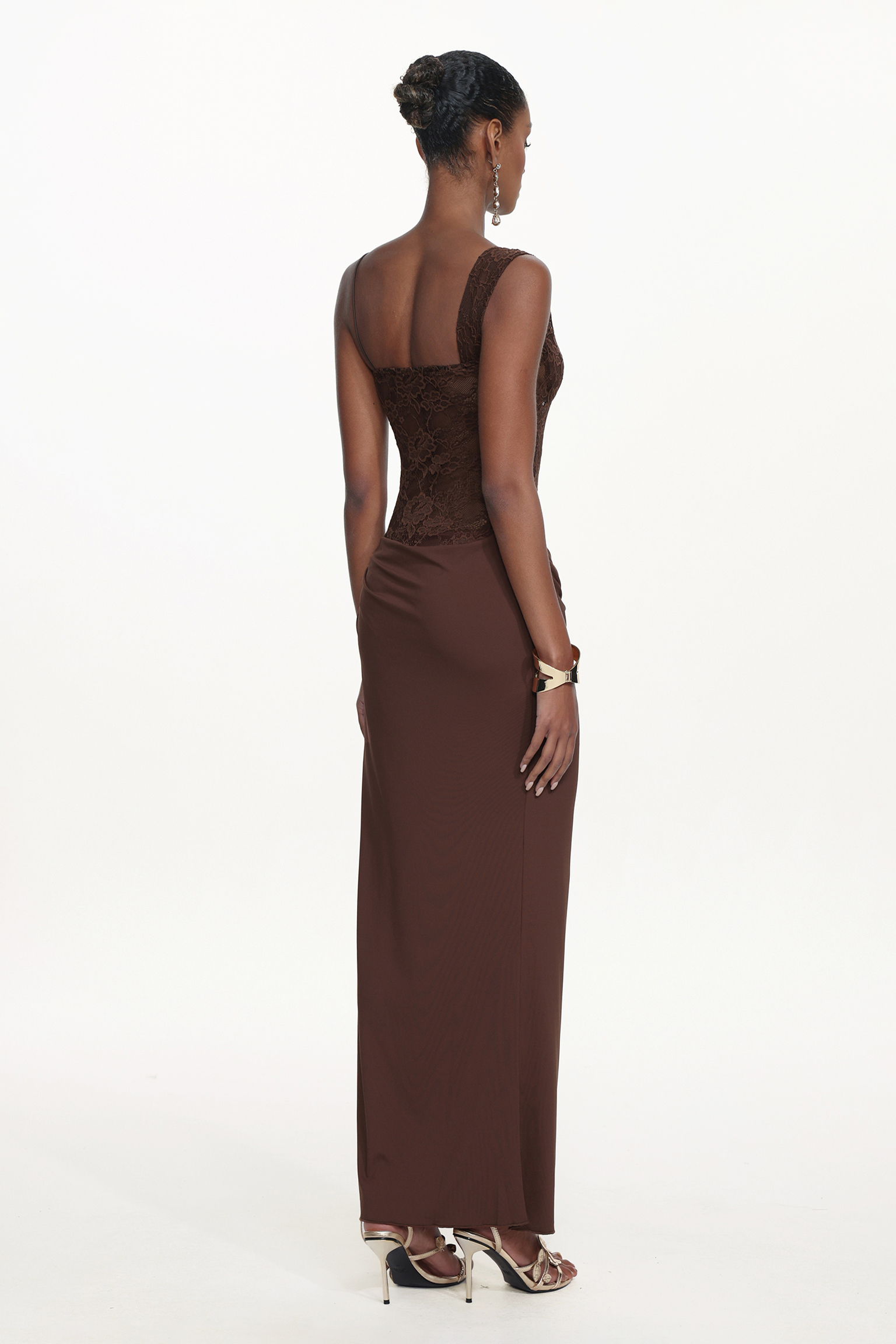 Ymmi Elegant Contour One Shoulder Lace Knit Maxi Dress