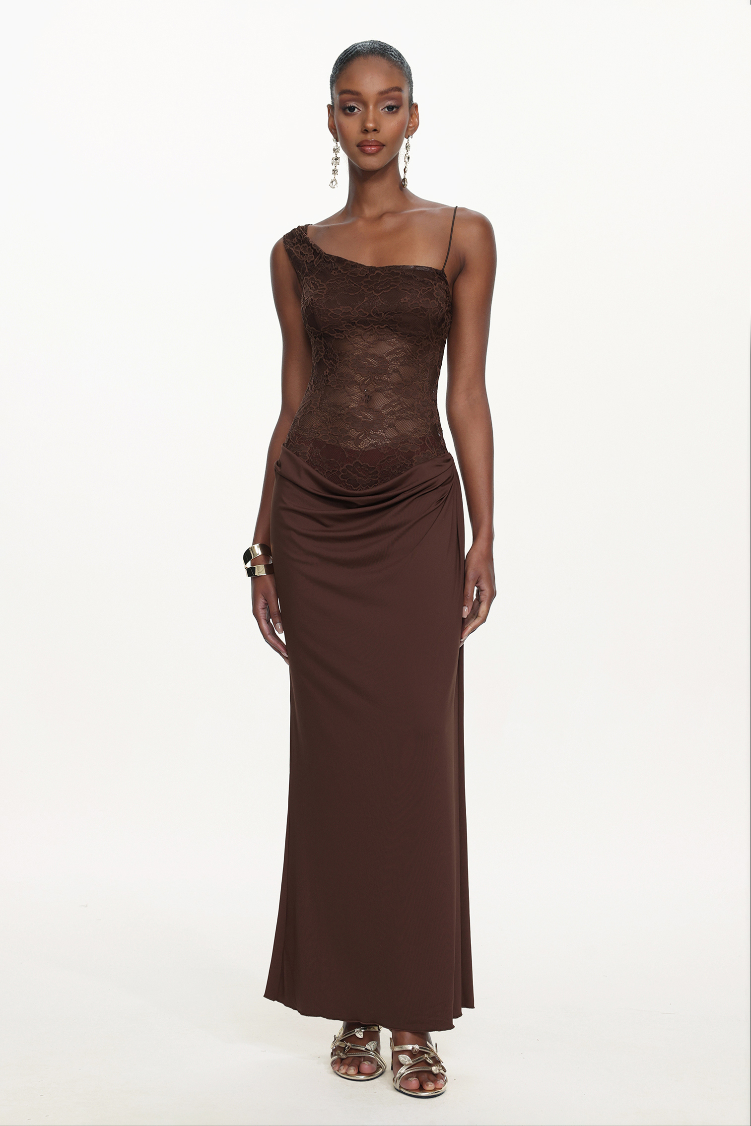 Ymmi Elegant Contour One Shoulder Lace Knit Maxi Dress