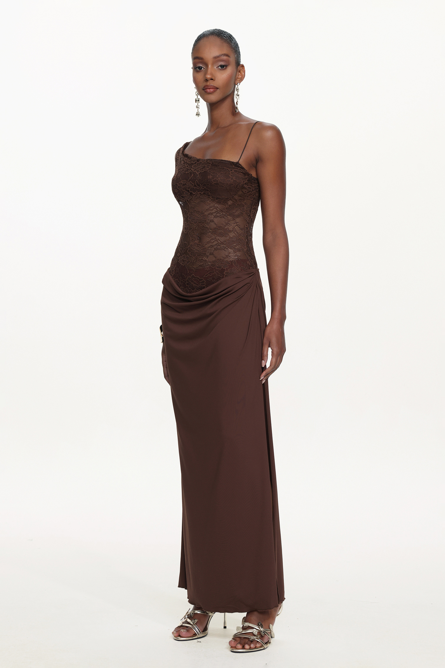 Ymmi Elegant Contour One Shoulder Lace Knit Maxi Dress