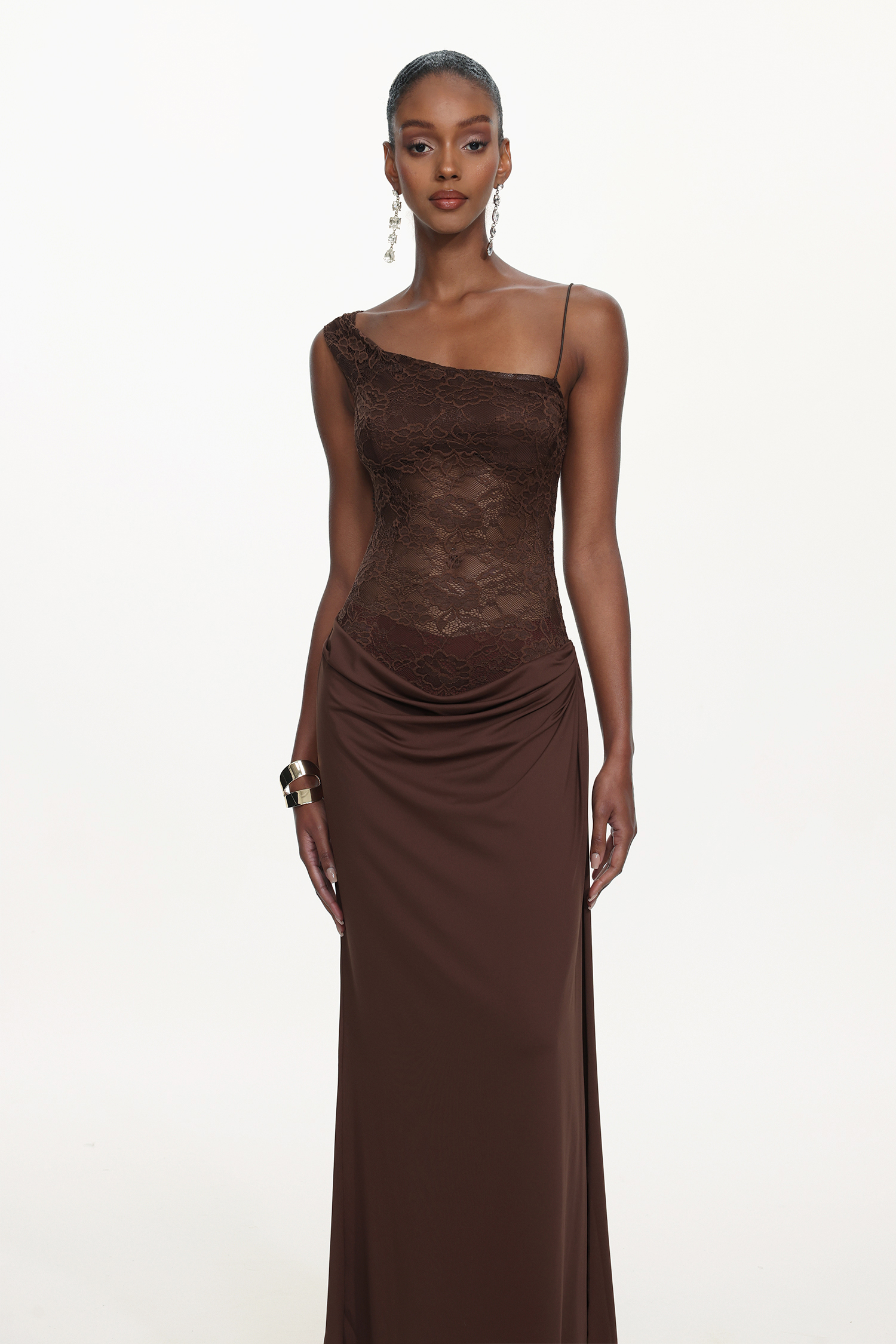 Ymmi Elegant Contour One Shoulder Lace Knit Maxi Dress