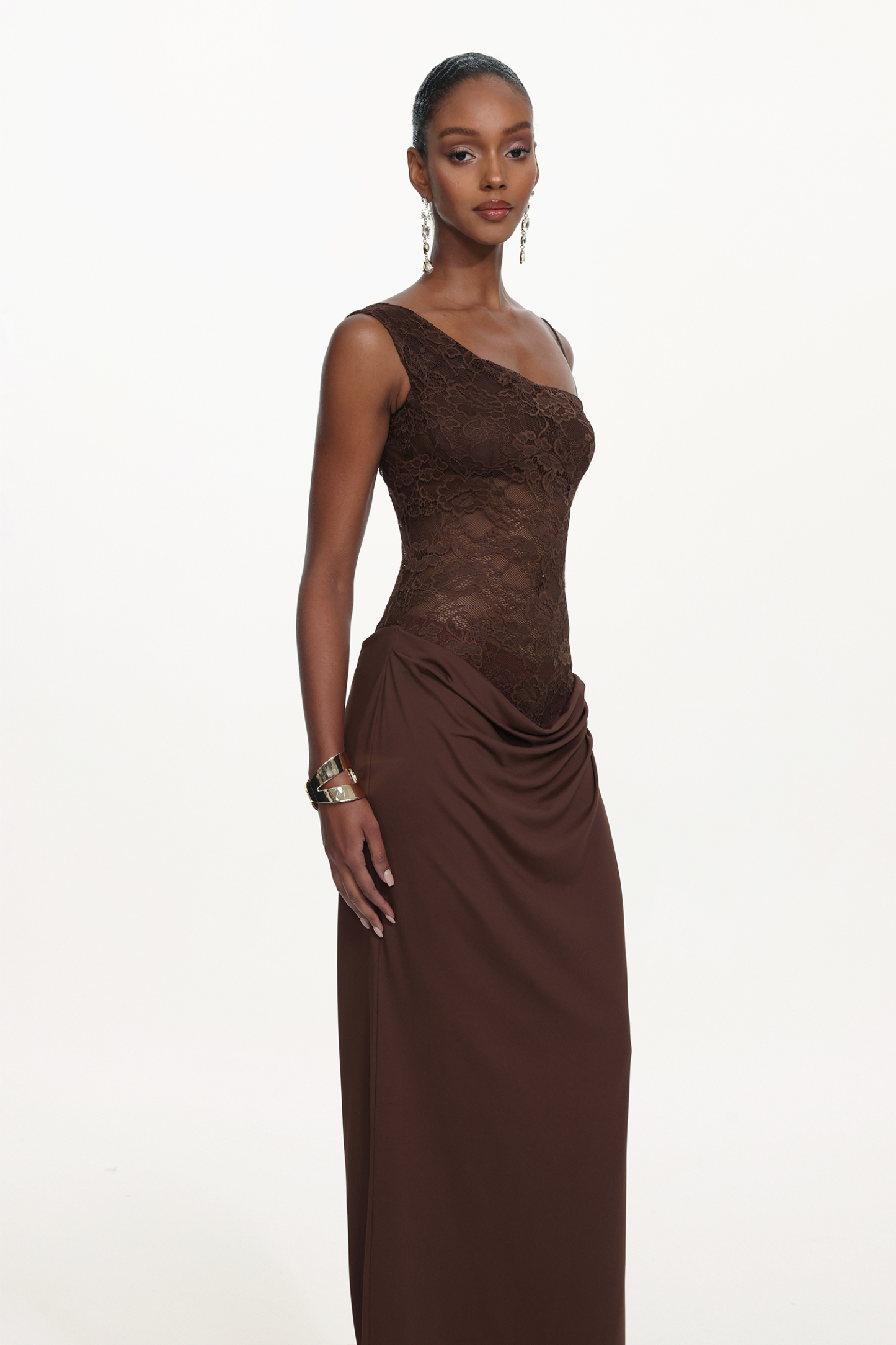 Ymmi Elegant Contour One Shoulder Lace Knit Maxi Dress