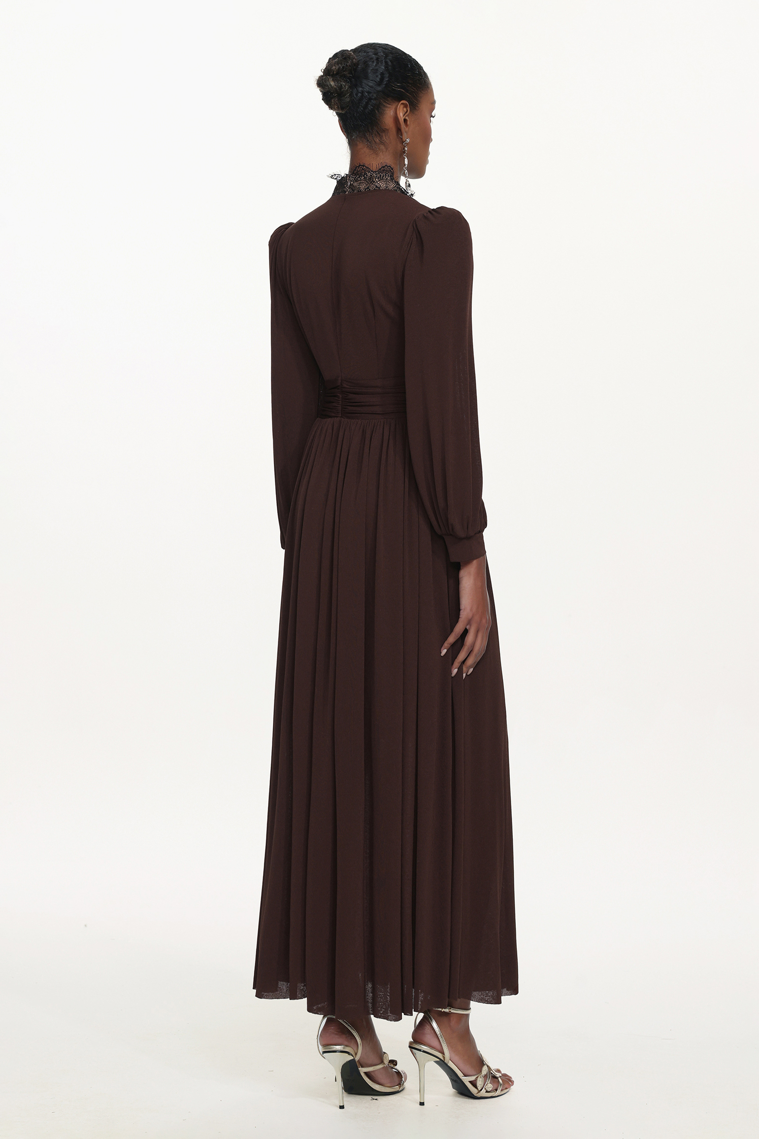 Rebecca Chic Contour Long Sleeve Ruched Lace Knit Maxi Dress