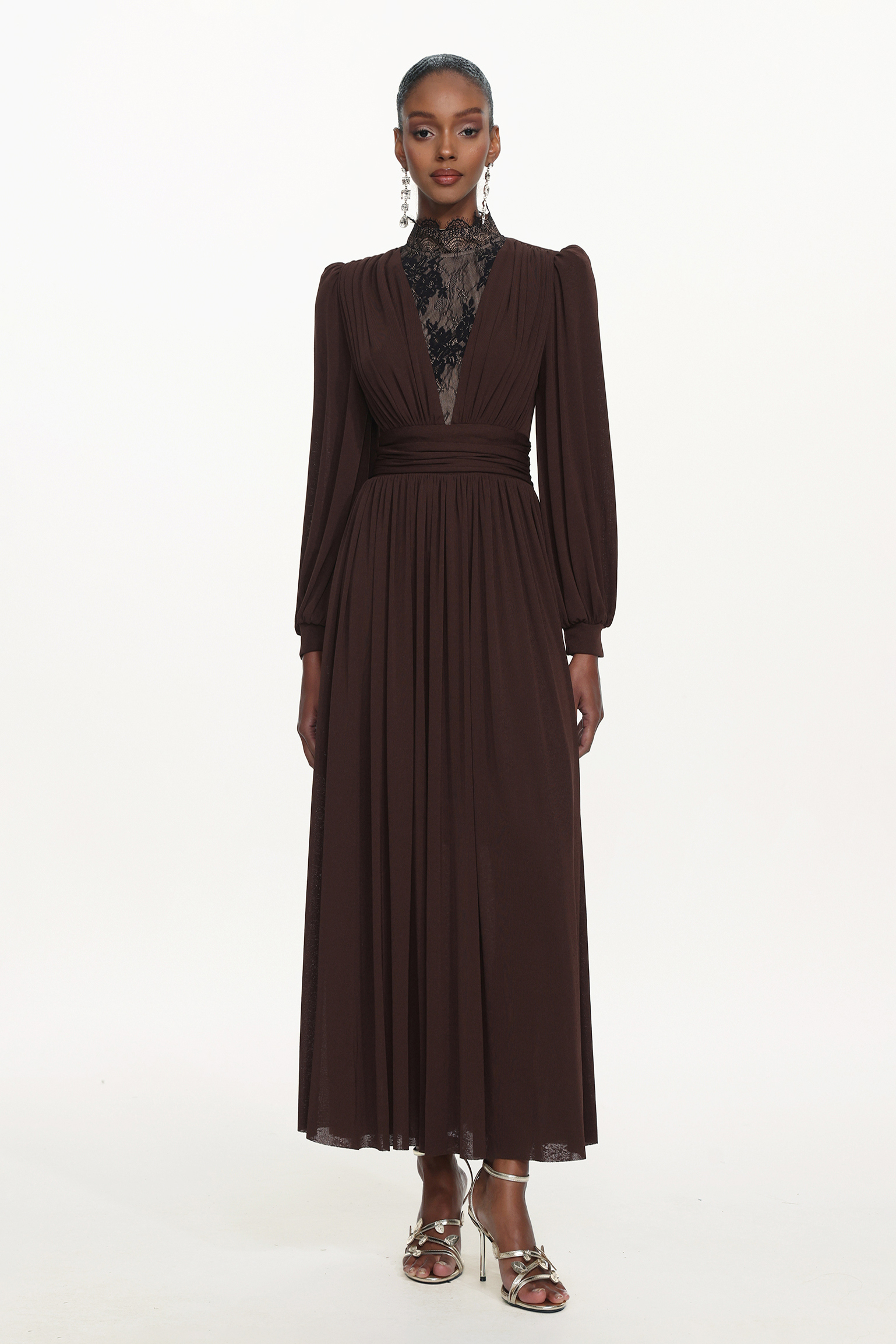Rebecca Chic Contour Long Sleeve Ruched Lace Knit Maxi Dress