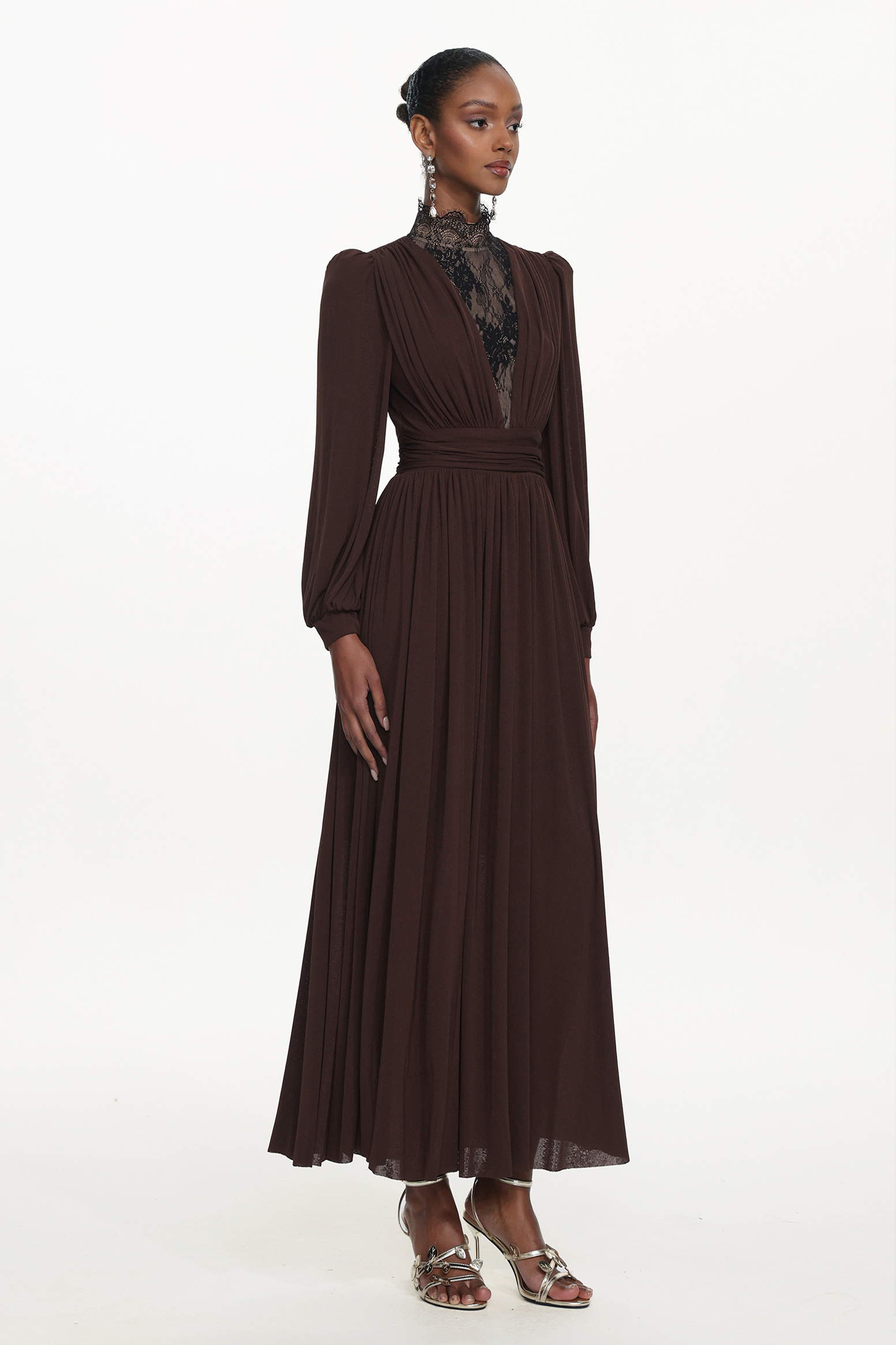 Rebecca Chic Contour Long Sleeve Ruched Lace Knit Maxi Dress