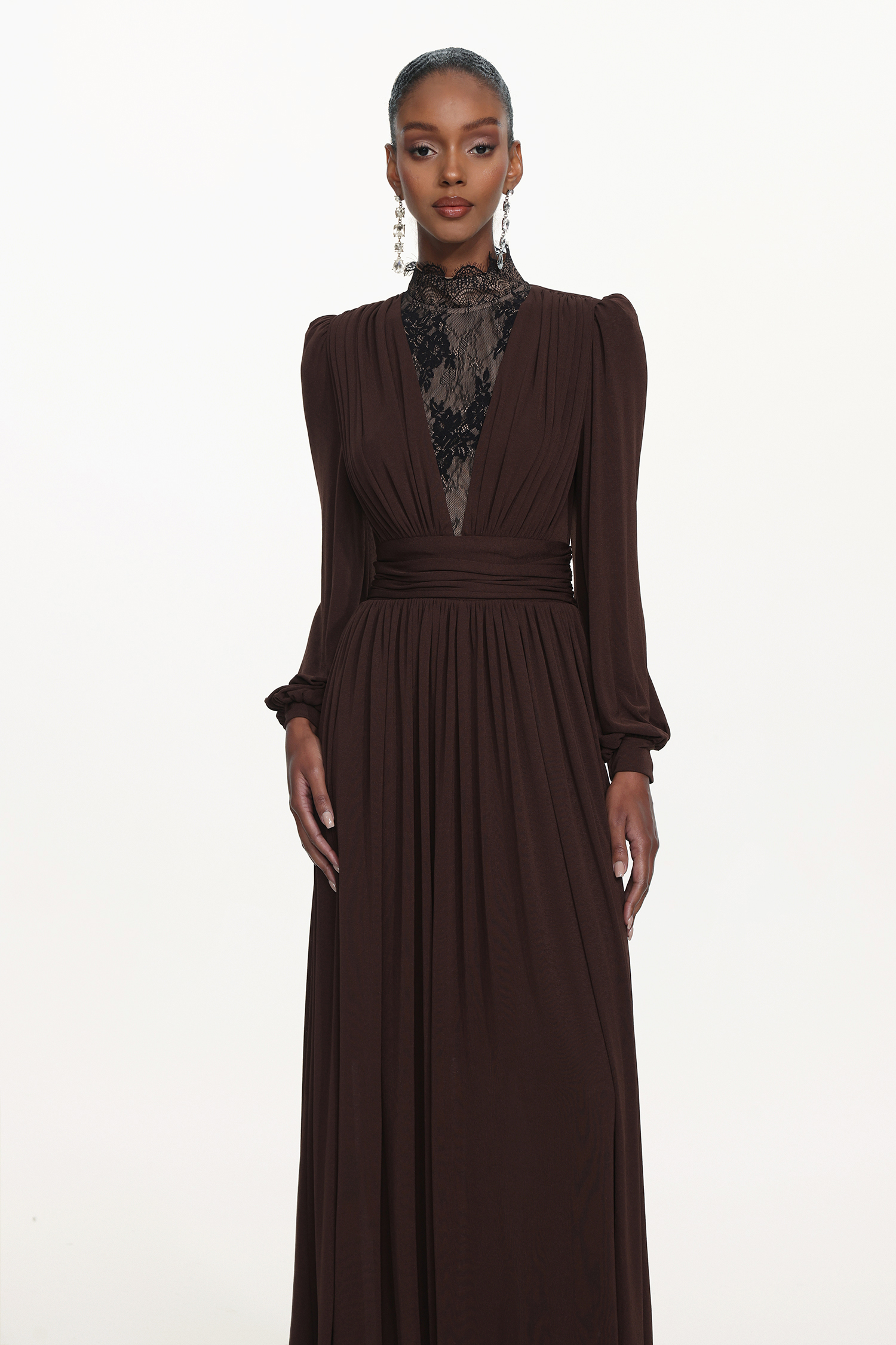 Rebecca Chic Contour Long Sleeve Ruched Lace Knit Maxi Dress