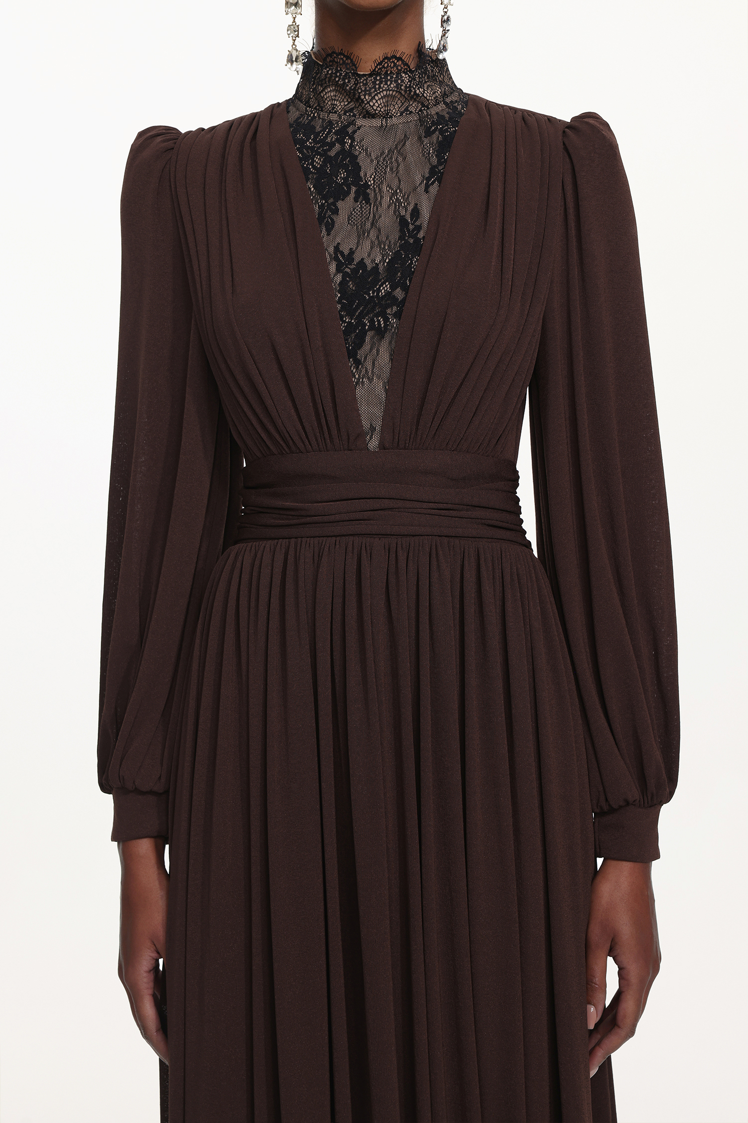 Rebecca Chic Contour Long Sleeve Ruched Lace Knit Maxi Dress